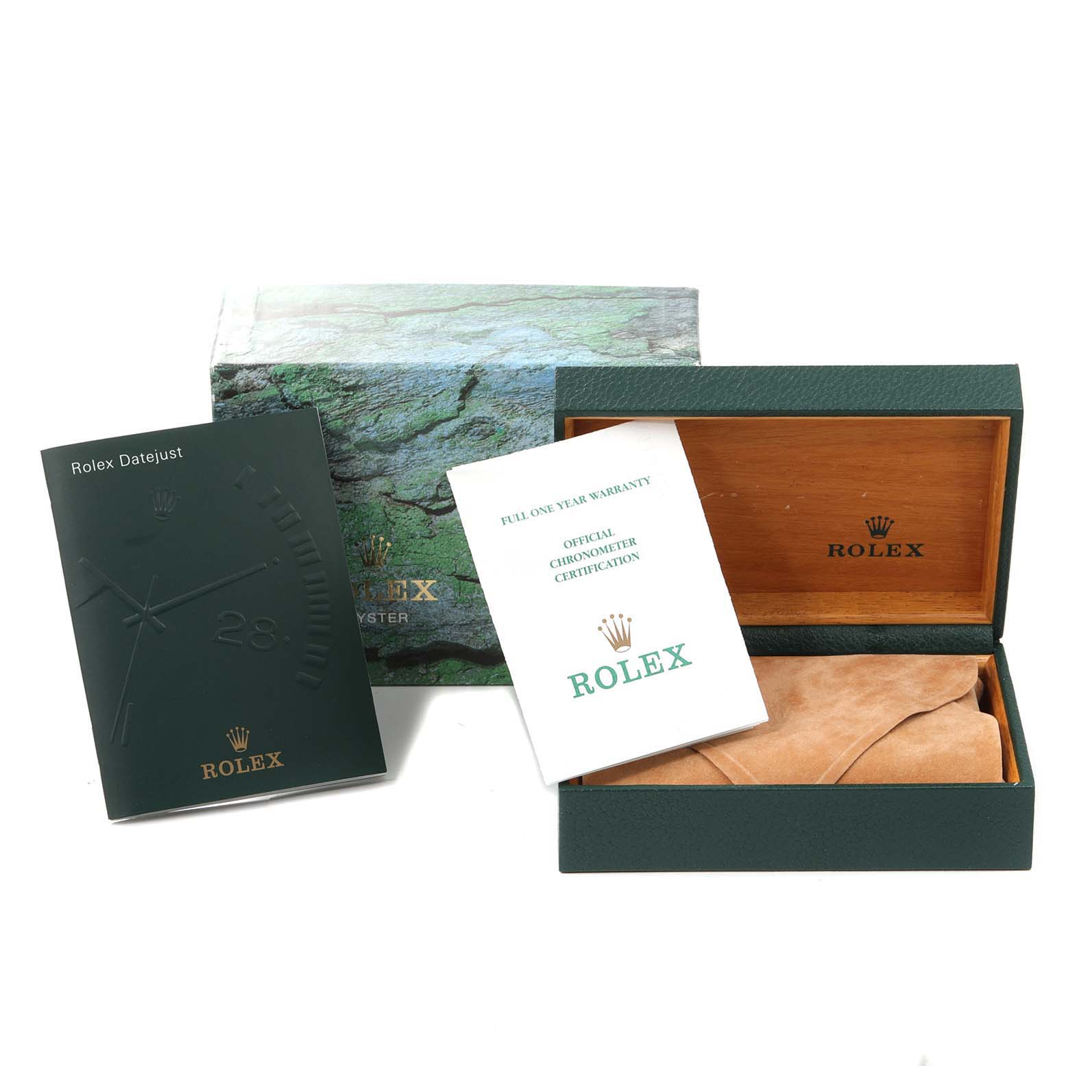 The image shows the Rolex Turn-o-Graph 16264 Men's Stainless Steel Black Dial 16264 Men's Stainless Steel Black Dial’s box, manuals, and certification papers.