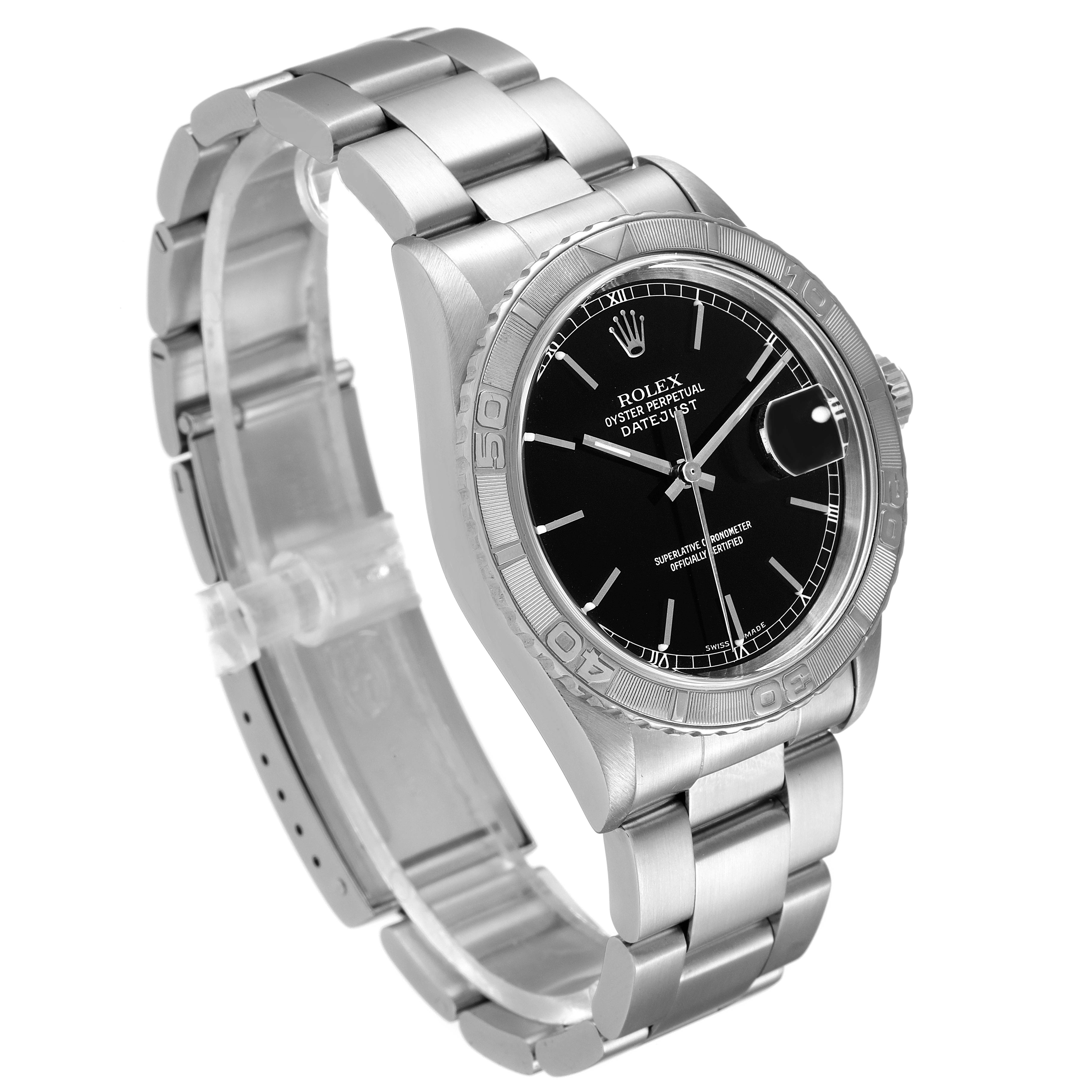 The image shows a Rolex Turn-o-Graph 16264 Men's Stainless Steel Black Dial 16264 Men's Stainless Steel Black Dial watch at a three-quarter angle, highlighting its black dial, bezel, and stainless steel bracelet.