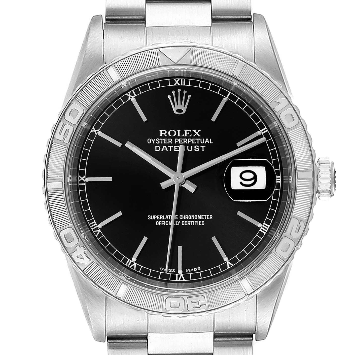 The image shows a front view of the Rolex Turn-o-Graph 16264 Men's Stainless Steel Black Dial 16264 Men's Stainless Steel Black Dial watch, displaying the bezel, dial, hands, date window, and part of the bracelet.