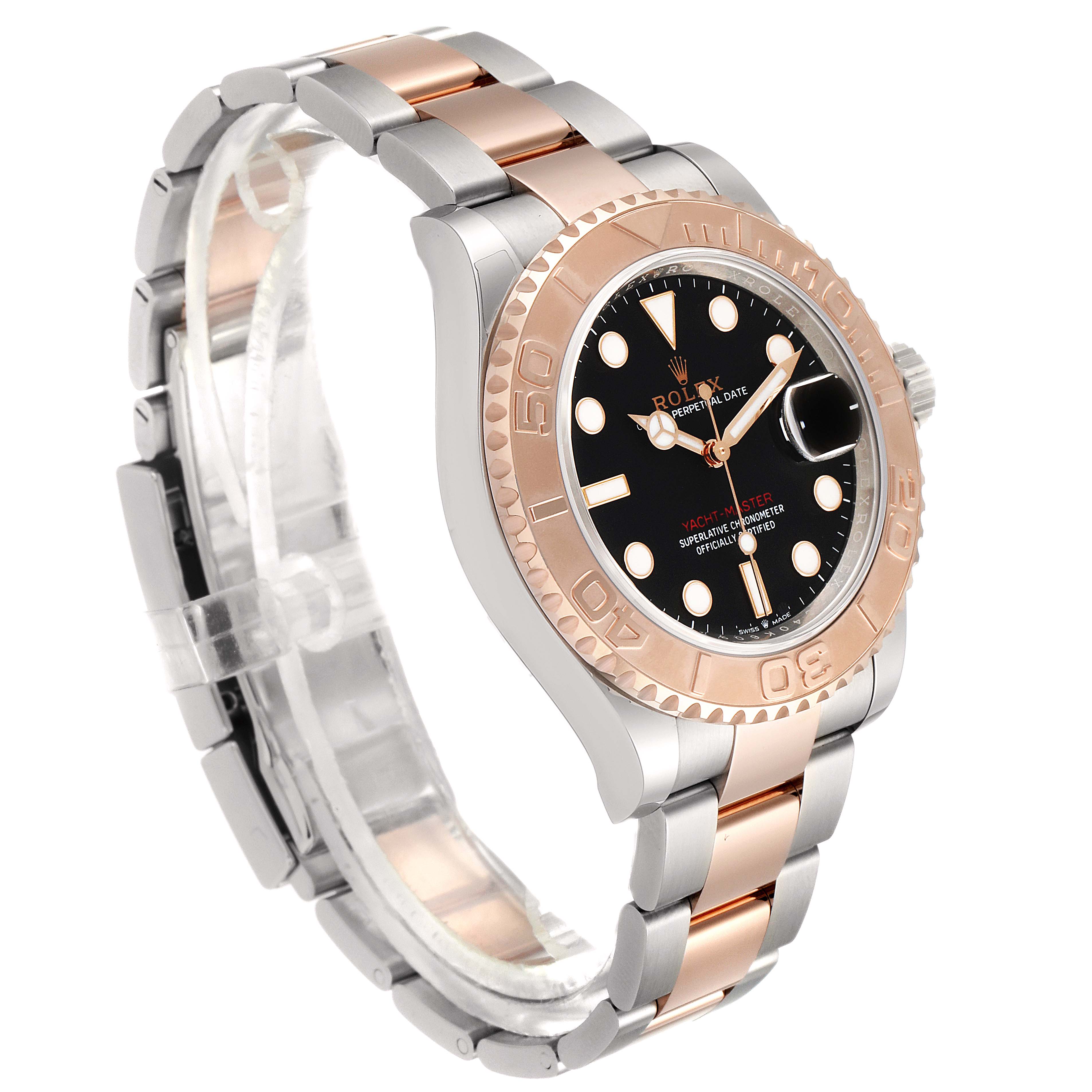 The Rolex Yacht-Master 126621 Men's Rose Gold Black Dial 126621 Men's Rose Gold Black Dial watch is shown from a three-quarter angle, displaying its face, bezel, and two-tone bracelet.