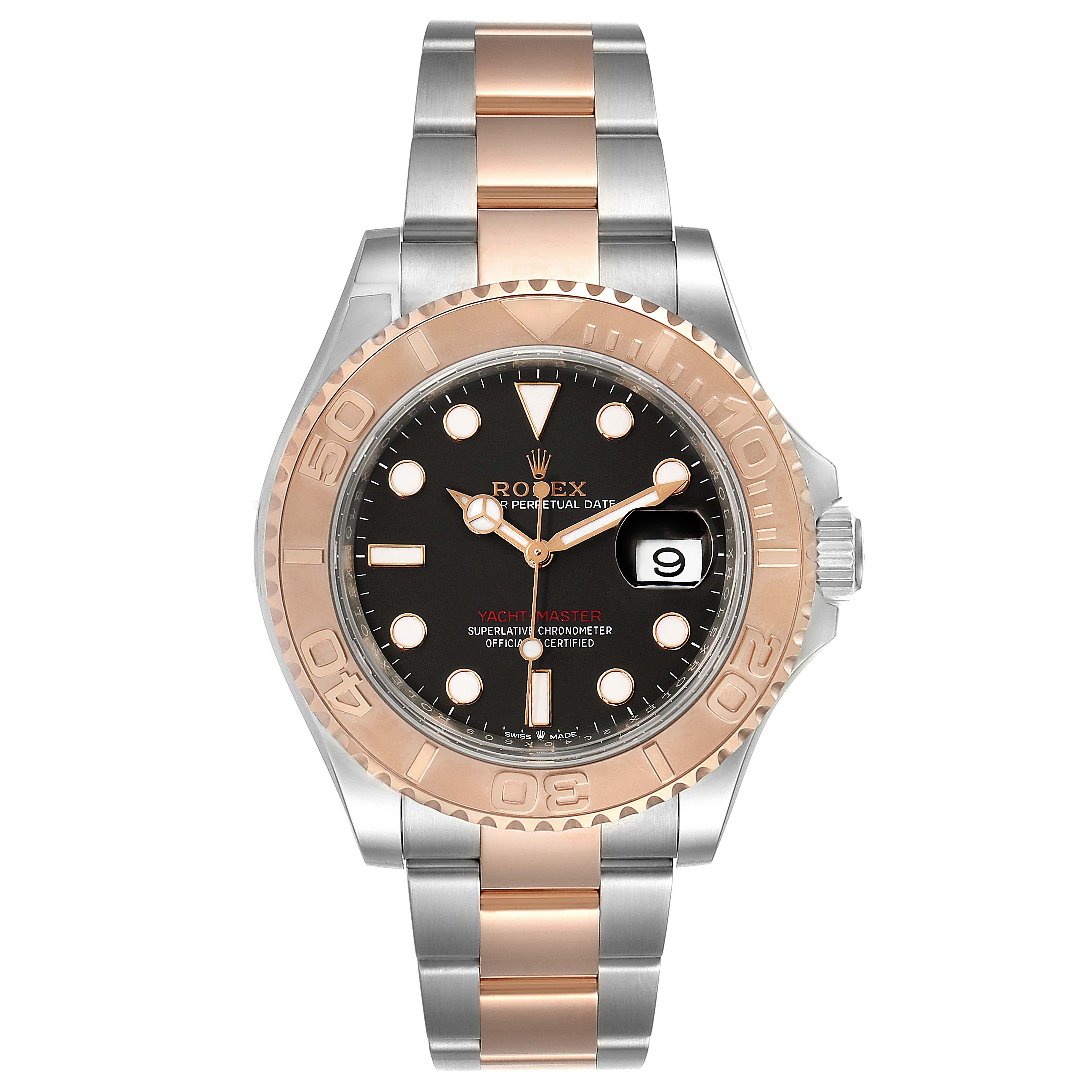 This image shows a front view of a Rolex Yacht-Master 126621 Men's Rose Gold Black Dial 126621 Men's Rose Gold Black Dial watch, highlighting the dial, bezel, and bracelet prominently.