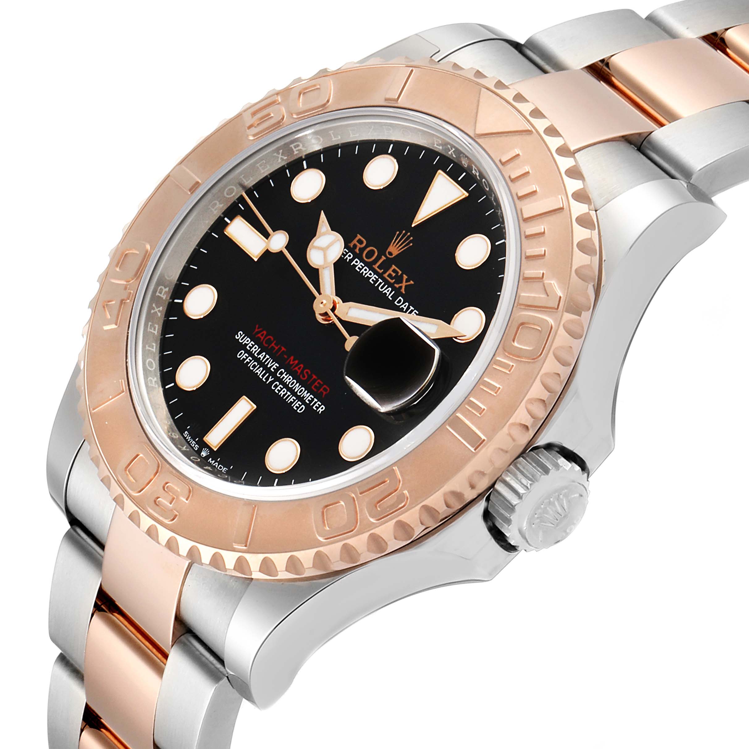This image shows a close-up angle of the Rolex Yacht-Master 126621 Men's Rose Gold Black Dial 126621 Men's Rose Gold Black Dial watch, displaying its dial, bezel, crown, and bracelet.