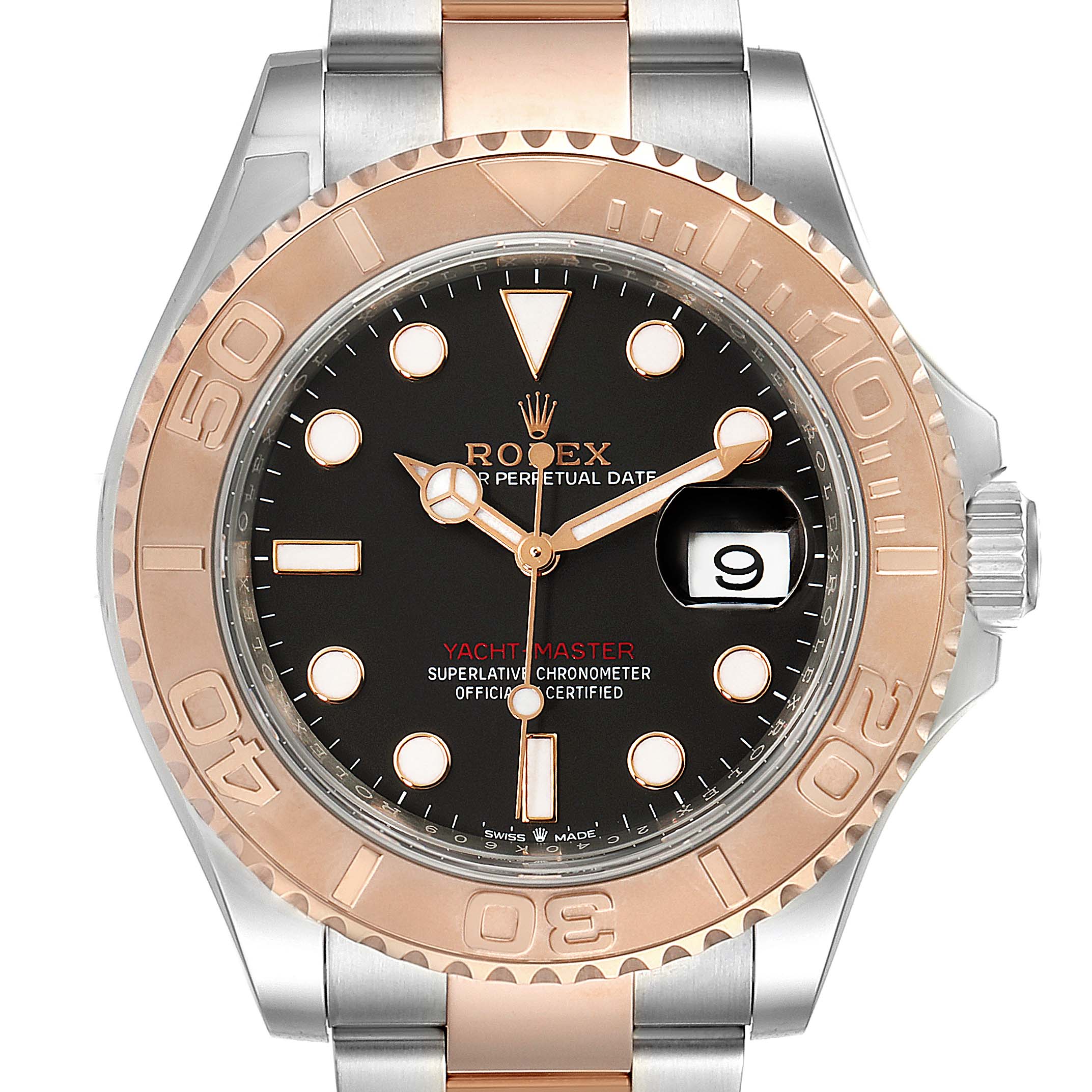 This image shows a front view of the Rolex Yacht-Master 126621 Men's Rose Gold Black Dial 126621 Men's Rose Gold Black Dial watch, highlighting its bezel, dial, hands, and date window.