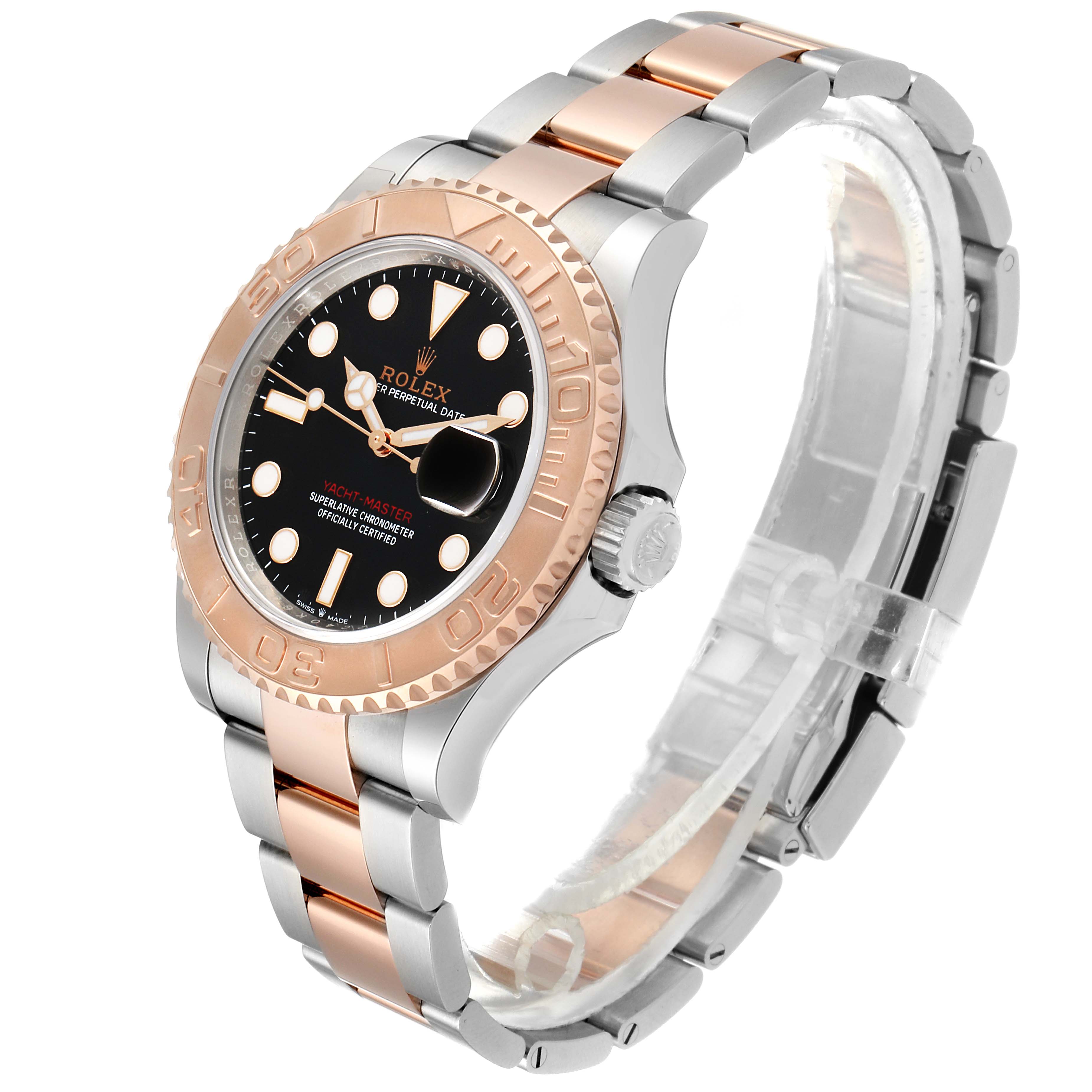 The Rolex Yacht-Master 126621 Men's Rose Gold Black Dial 126621 Men's Rose Gold Black Dial watch is shown at an angle showcasing its face, bezel, and bracelet.
