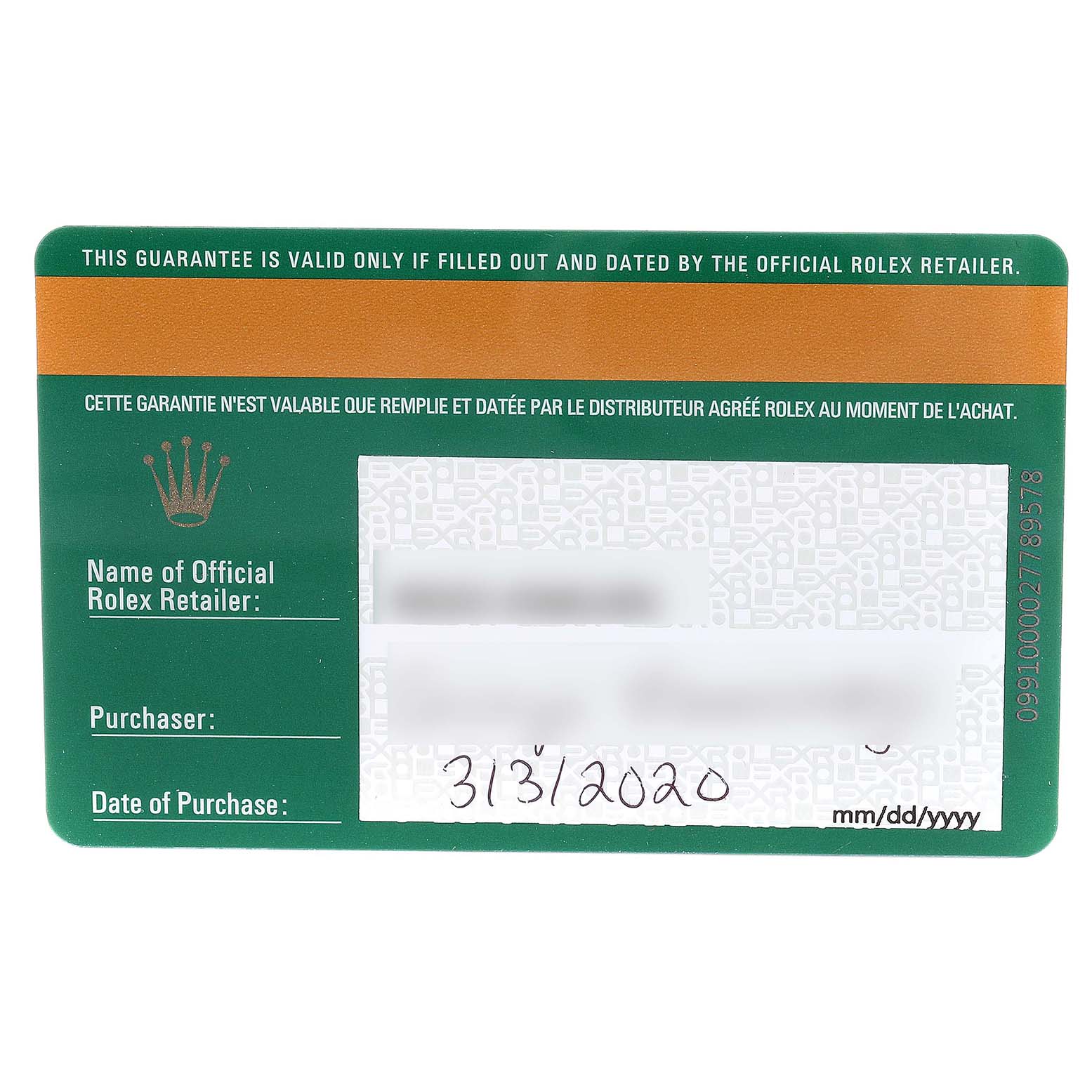 The image shows a close-up of the warranty card for the Rolex Yacht-Master 126621 Men's Rose Gold Black Dial 126621 Men's Rose Gold Black Dial watch.