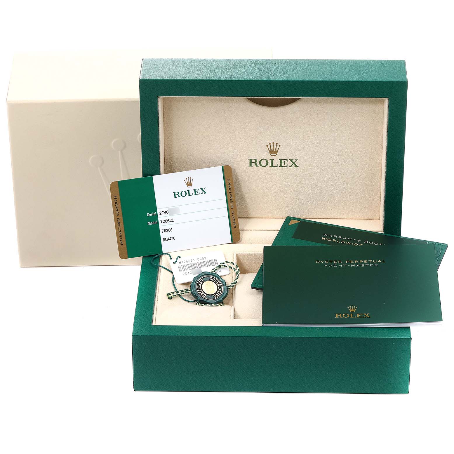 This image shows a Rolex Yacht-Master 126621 Men's Rose Gold Black Dial 126621 Men's Rose Gold Black Dial watch box with warranty cards and manuals displayed.