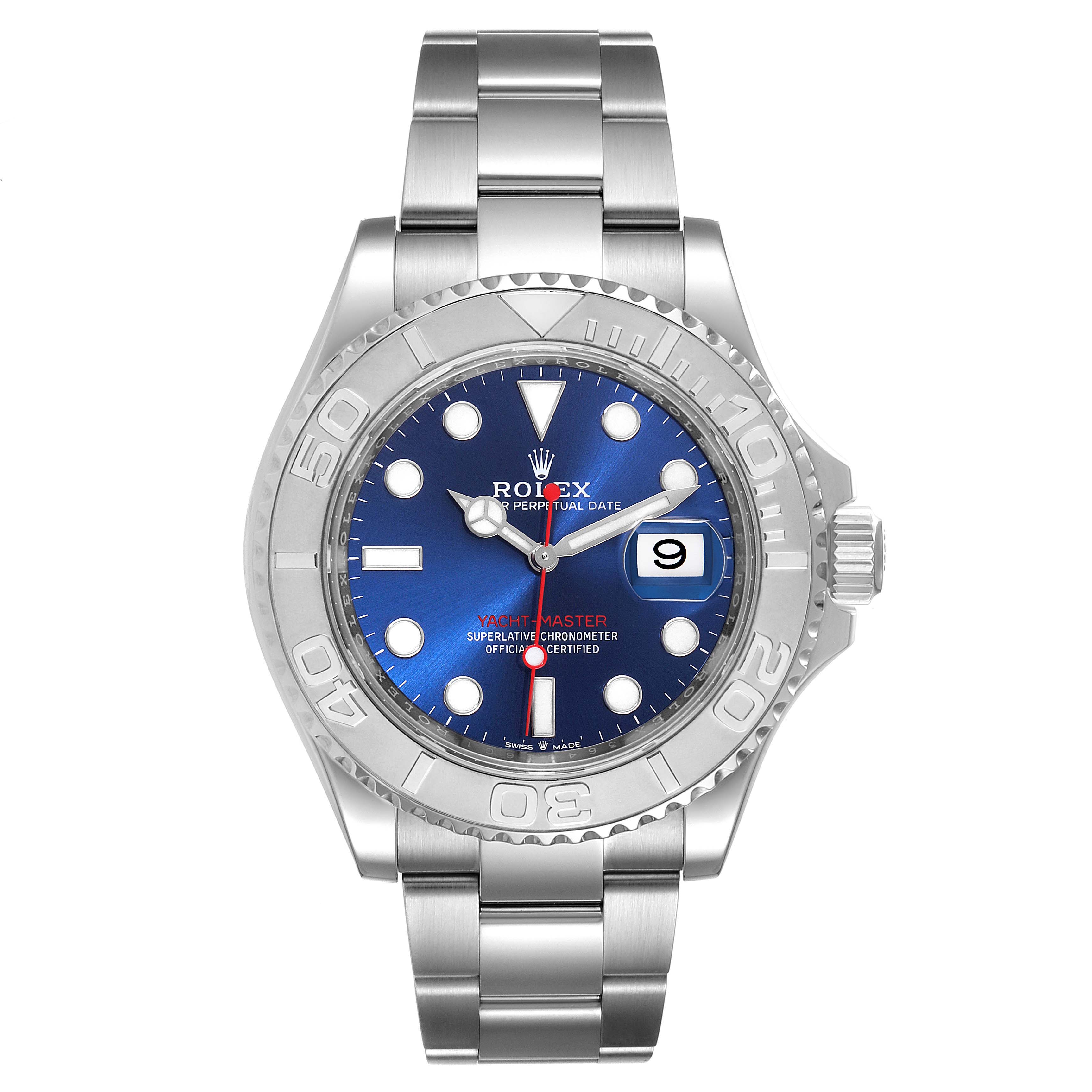 The image shows a front view of the Rolex Yacht-Master 126622 Men's Stainless Steel Blue Dial 126622 Men's Stainless Steel Blue Dial watch, featuring its face, bezel, bracelet, and crown.