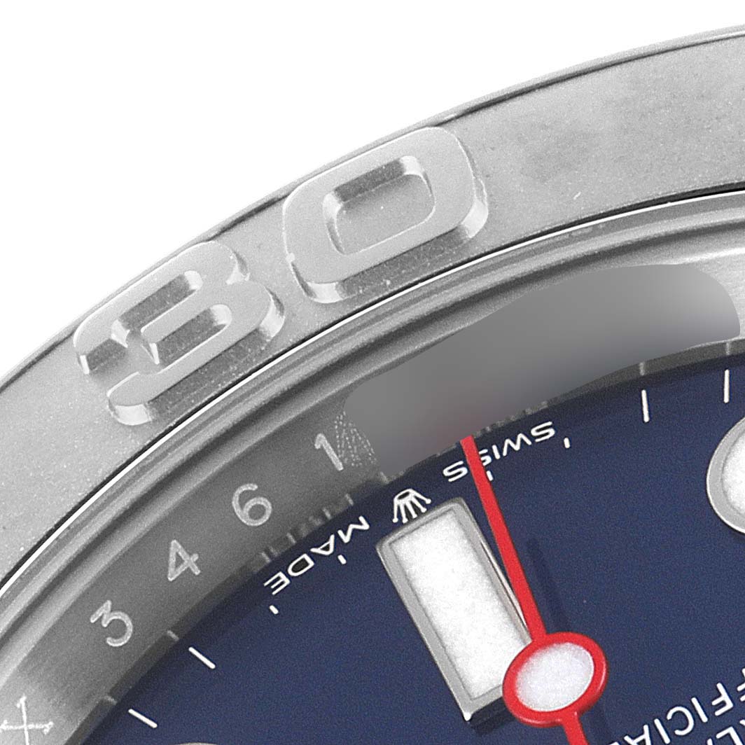 This close-up image of a Rolex Yacht-Master 126622 Men's Stainless Steel Blue Dial 126622 Men's Stainless Steel Blue Dial watch shows part of its bezel and dial, including the "30" marking and the Rolex crown logo.