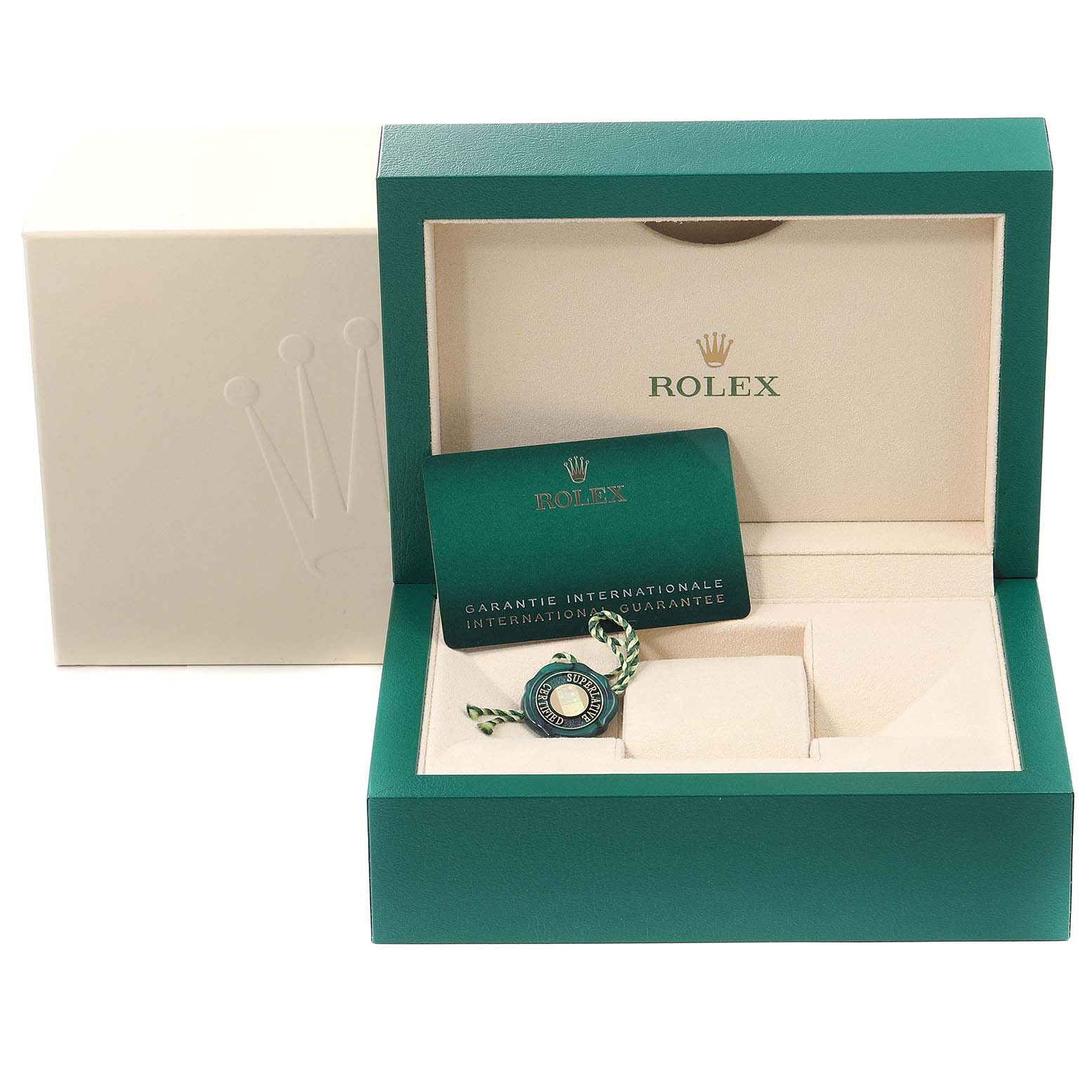 The image shows an open Rolex Yacht-Master 126622 Men's Stainless Steel Blue Dial 126622 Men's Stainless Steel Blue Dial watch box with the guarantee card and seal inside.