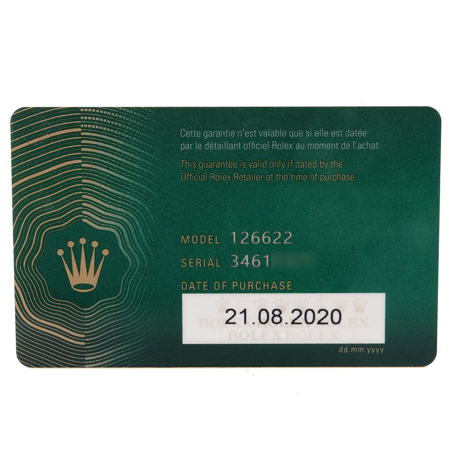 This image shows a warranty card for the Rolex Yacht-Master 126622 Men's Stainless Steel Blue Dial 126622 Men's Stainless Steel Blue Dial model 126622 with the serial number and purchase date.