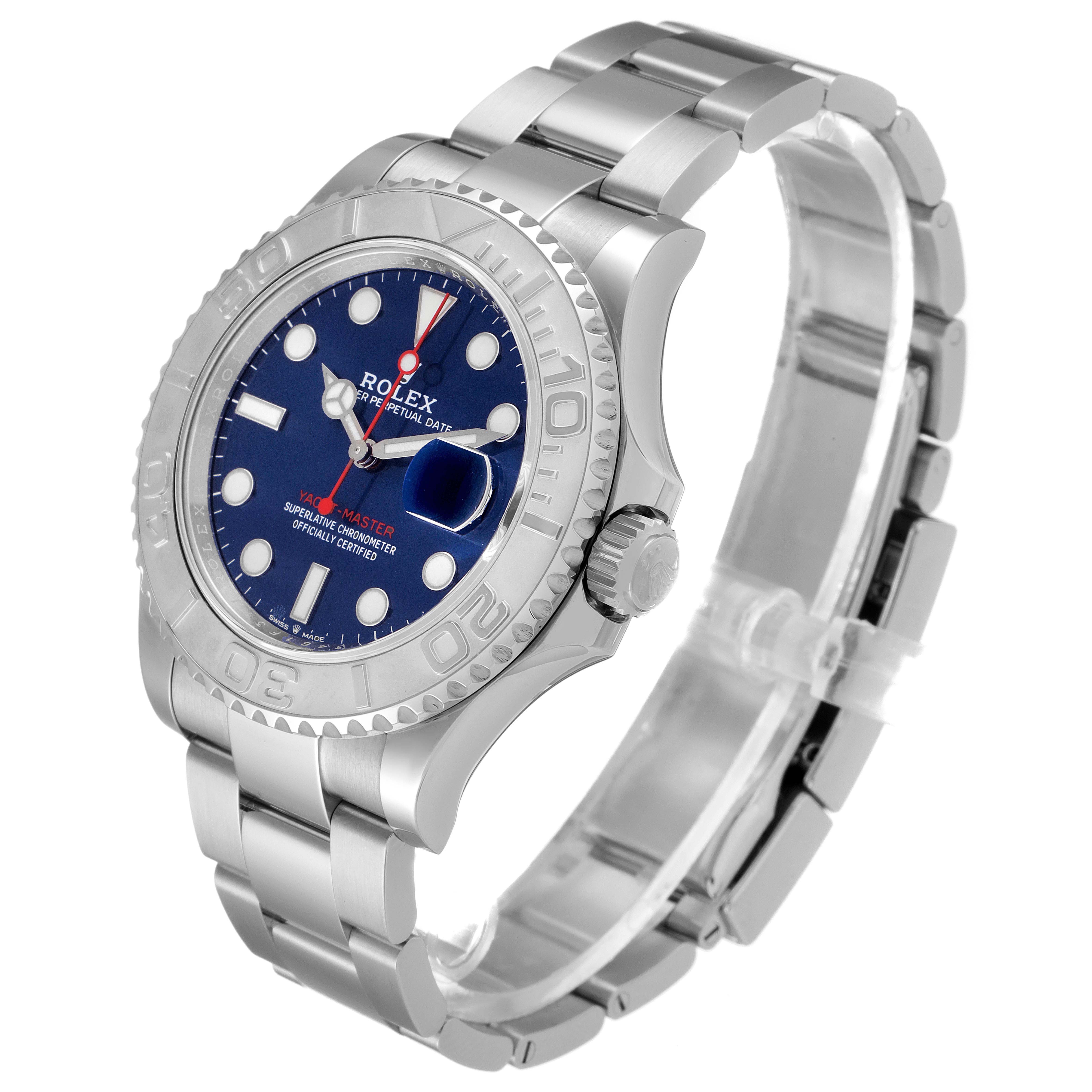 This image shows the Rolex Yacht-Master 126622 Men's Stainless Steel Blue Dial 126622 Men's Stainless Steel Blue Dial watch at a three-quarter angle, displaying the case, bracelet, bezel, and dial.