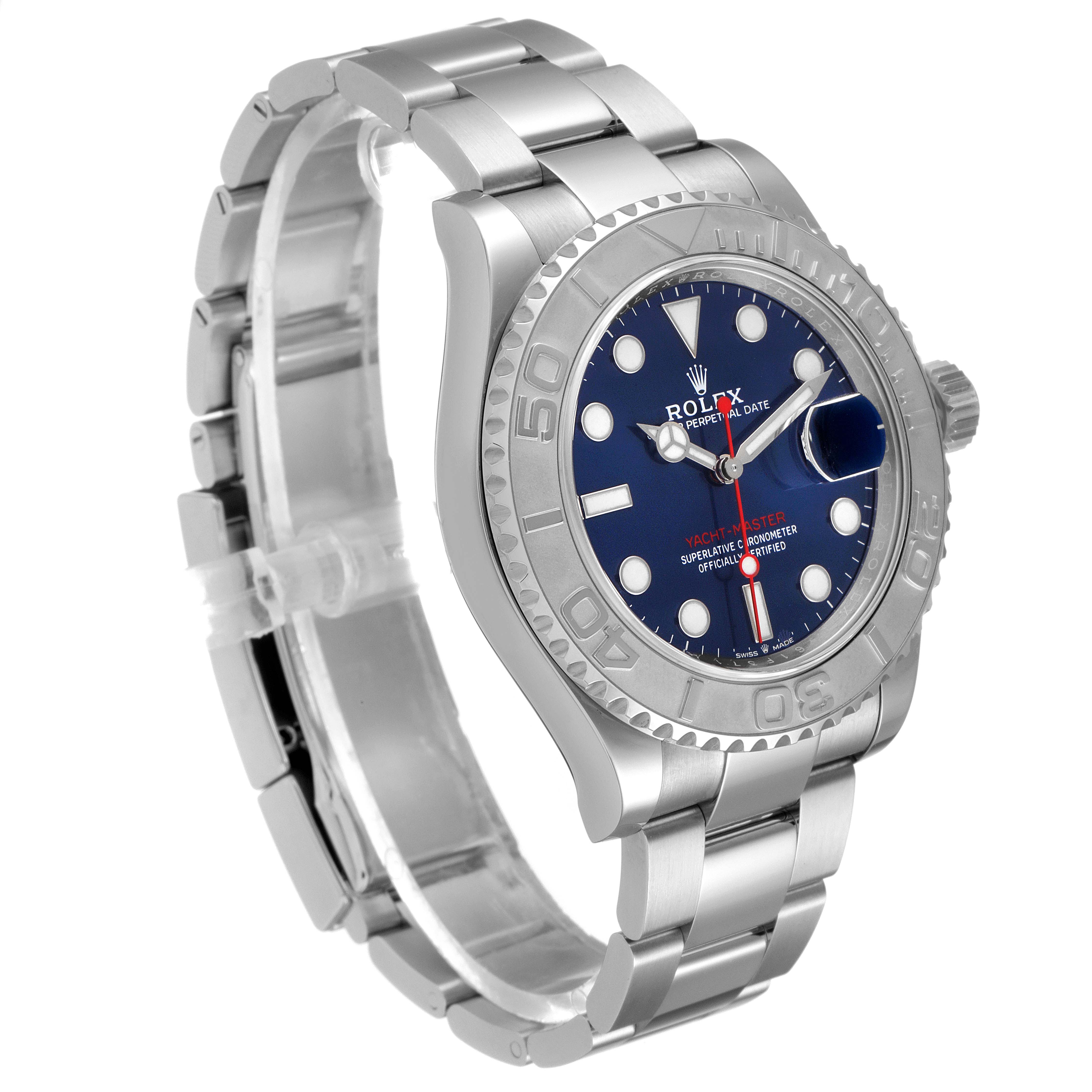 The image shows a side and front angle of the Rolex Yacht-Master 126622 Men's Stainless Steel Blue Dial 126622 Men's Stainless Steel Blue Dial watch, highlighting its bracelet, bezel, and dial.