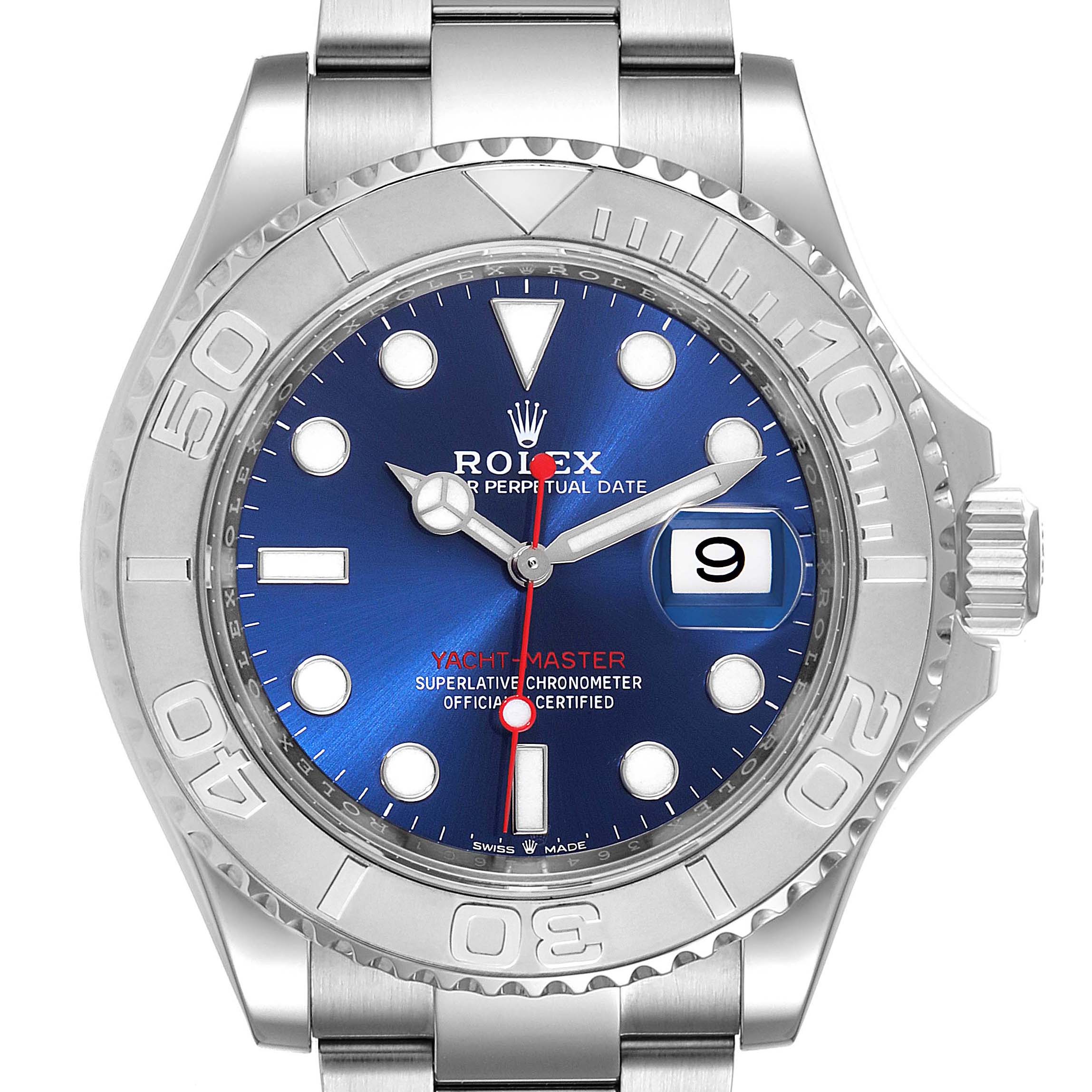 This image shows a front view of the Rolex Yacht-Master 126622 Men's Stainless Steel Blue Dial 126622 Men's Stainless Steel Blue Dial watch, highlighting its blue dial, bezel, and bracelet.