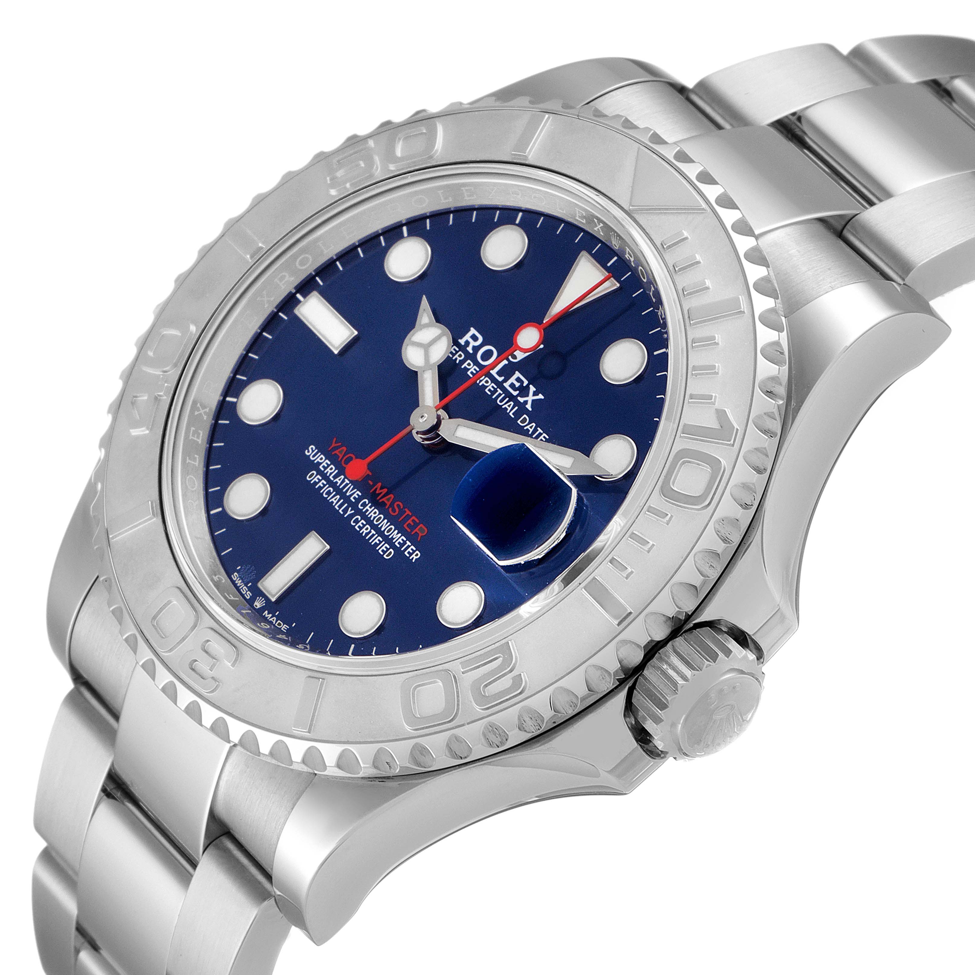 The Rolex Yacht-Master 126622 Men's Stainless Steel Blue Dial 126622 Men's Stainless Steel Blue Dial watch is shown at an angled side view, highlighting the dial, bezel, bracelet, and crown.