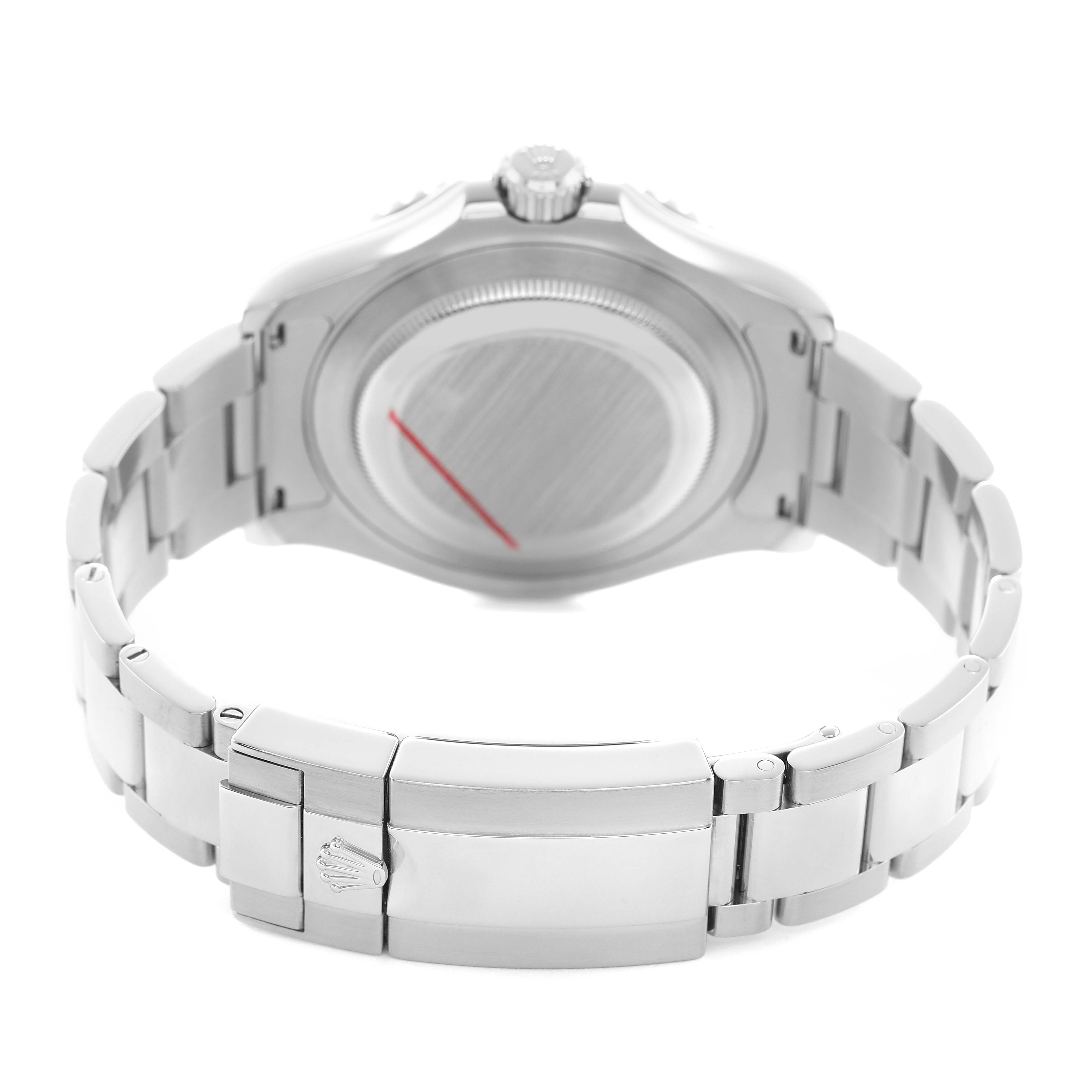 The image shows the back and clasp of a Rolex Yacht-Master 116622 Men's Stainless Steel Blue Dial watch, focusing on the bracelet and case back.