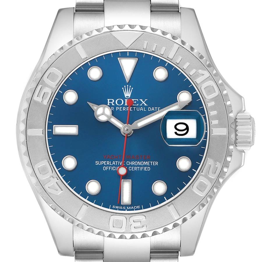 The Rolex Yacht-Master 116622 Men's Stainless Steel Blue Dial is shown from the front, highlighting the dial, bezel, and part of the bracelet.
