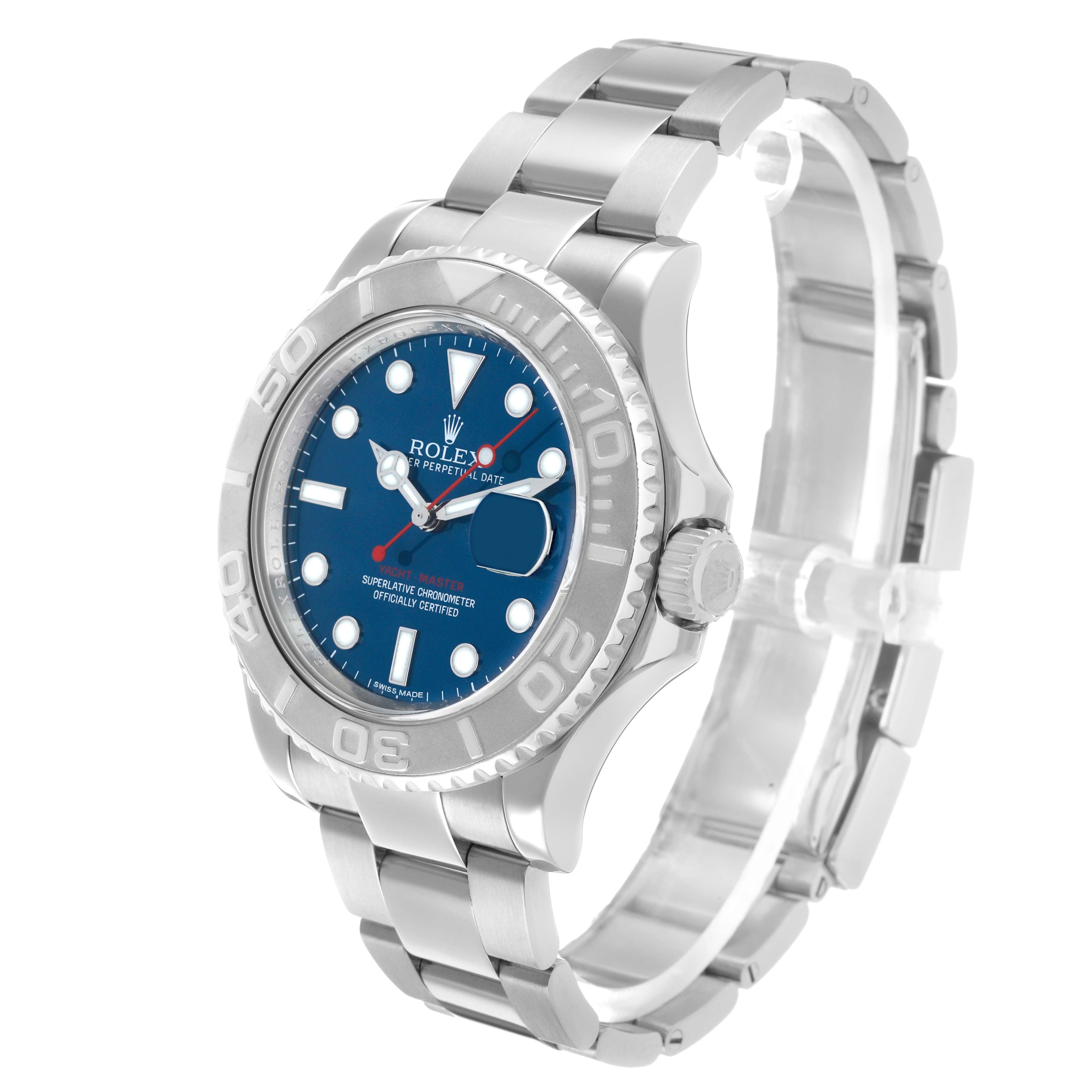 The Rolex Yacht-Master 116622 Men's Stainless Steel Blue Dial watch is shown from an angled side view, highlighting the bezel, dial, crown, and bracelet.