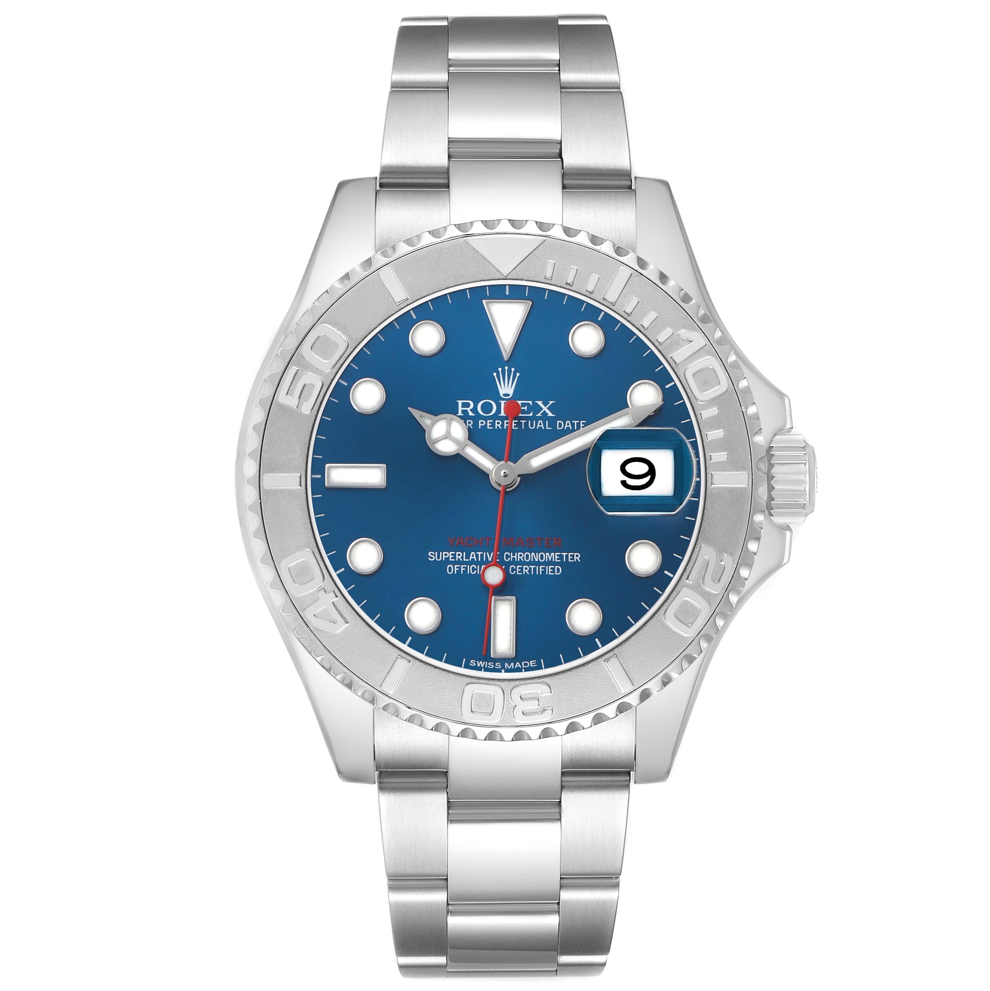 The Rolex Yacht-Master 116622 Men's Stainless Steel Blue Dial watch is shown from a front angle, displaying its blue dial, bezel, case, and bracelet.