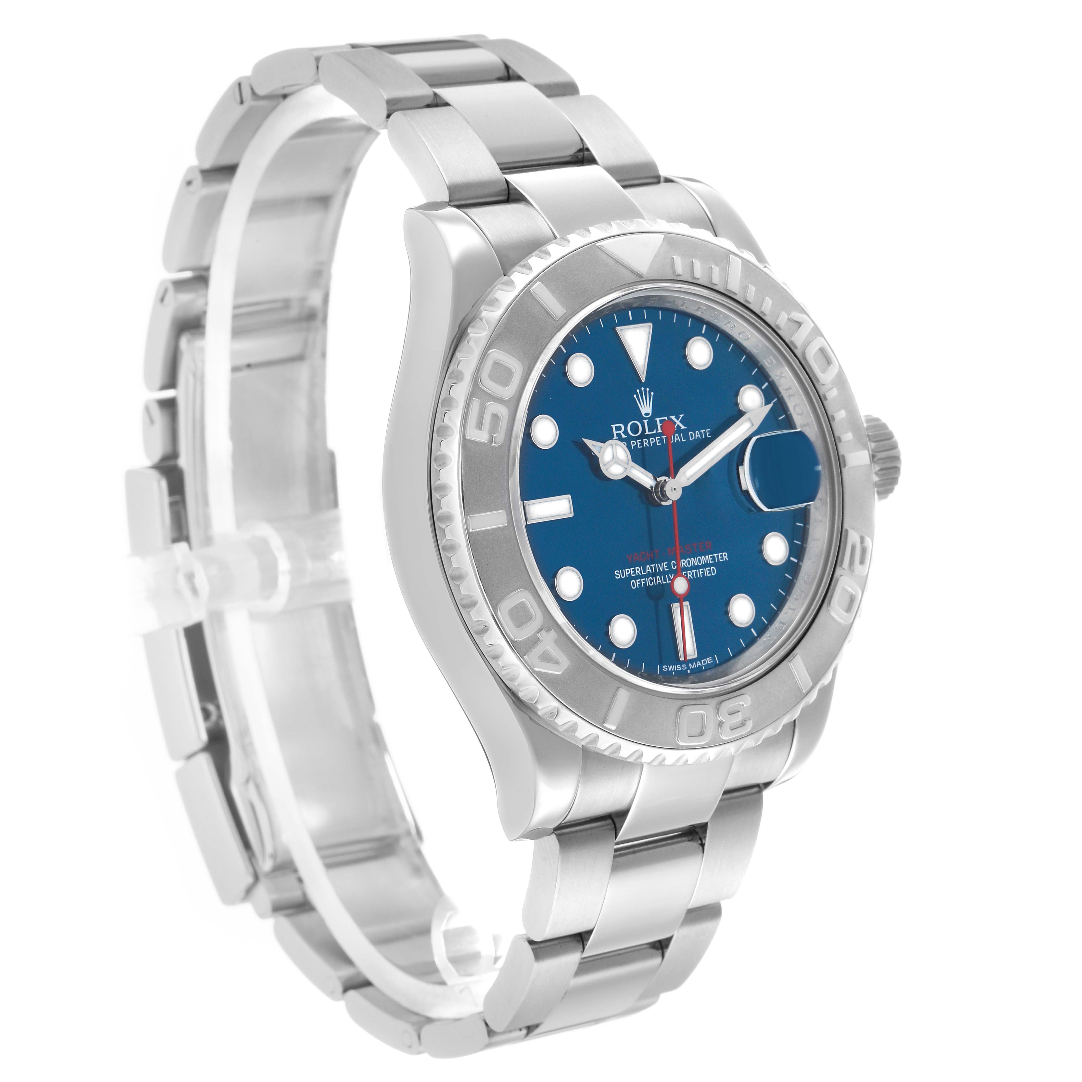 The Rolex Yacht-Master 116622 Men's Stainless Steel Blue Dial watch is shown at a front-right angle, displaying the bracelet, bezel, dial, and crown.
