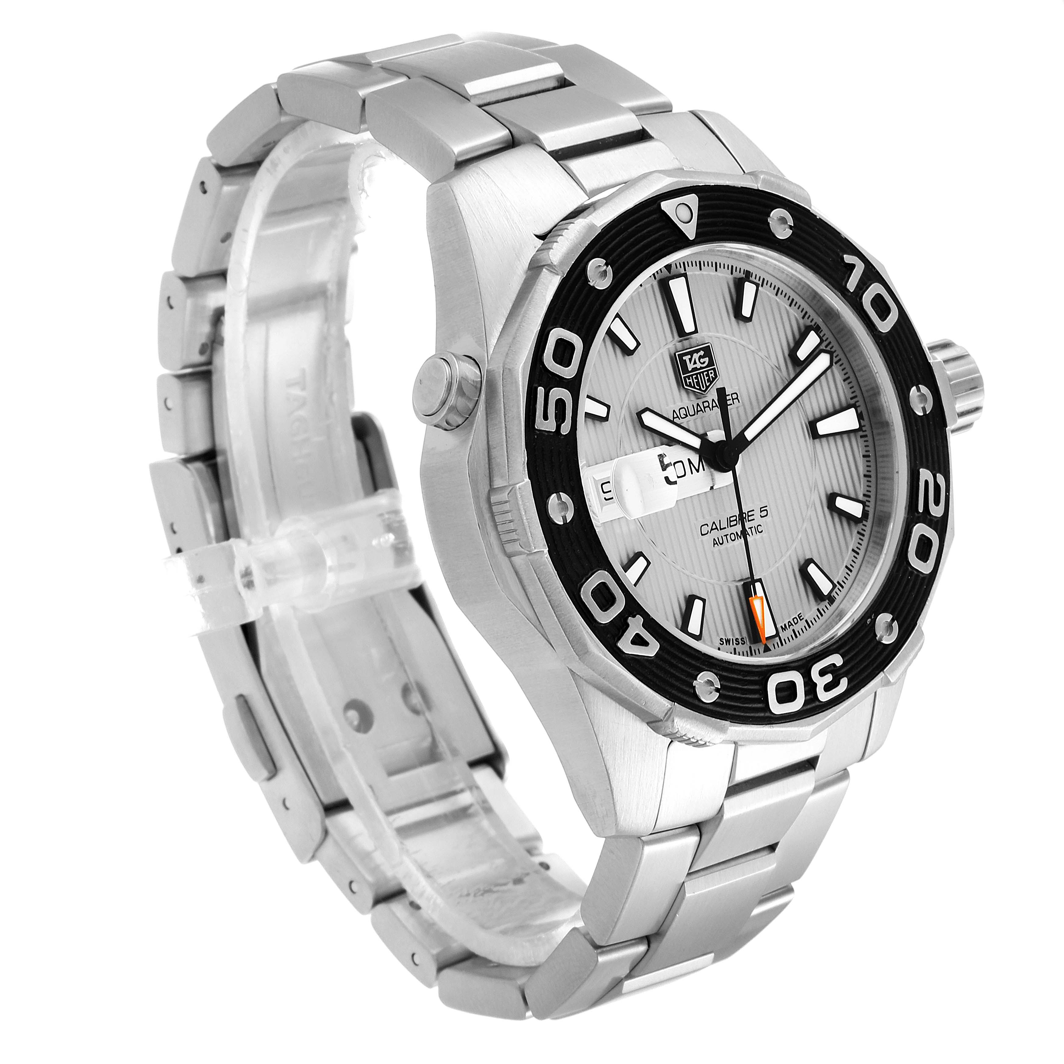 The image shows a side and front angle of the Tag Heuer Aquaracer WAJ2111.BA0870 Men
s Stainless Steel Grey Dial WAJ2111.BA0870 Men
s Stainless Steel Grey Dial watch, displaying its bezel, dial, bracelet, and crown.