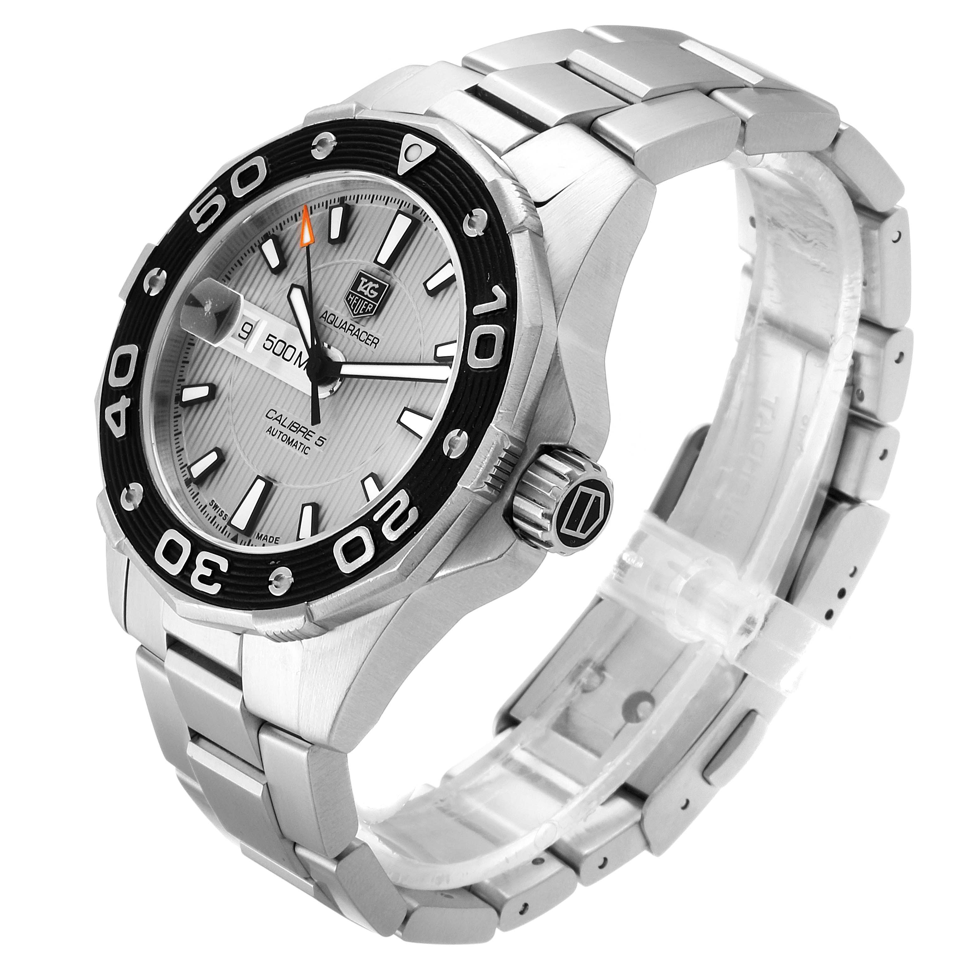 The image shows a Tag Heuer Aquaracer WAJ2111.BA0870 Men
s Stainless Steel Grey Dial WAJ2111.BA0870 Men
s Stainless Steel Grey Dial watch from an angled side view, displaying the bezel, dial, crown, and bracelet.