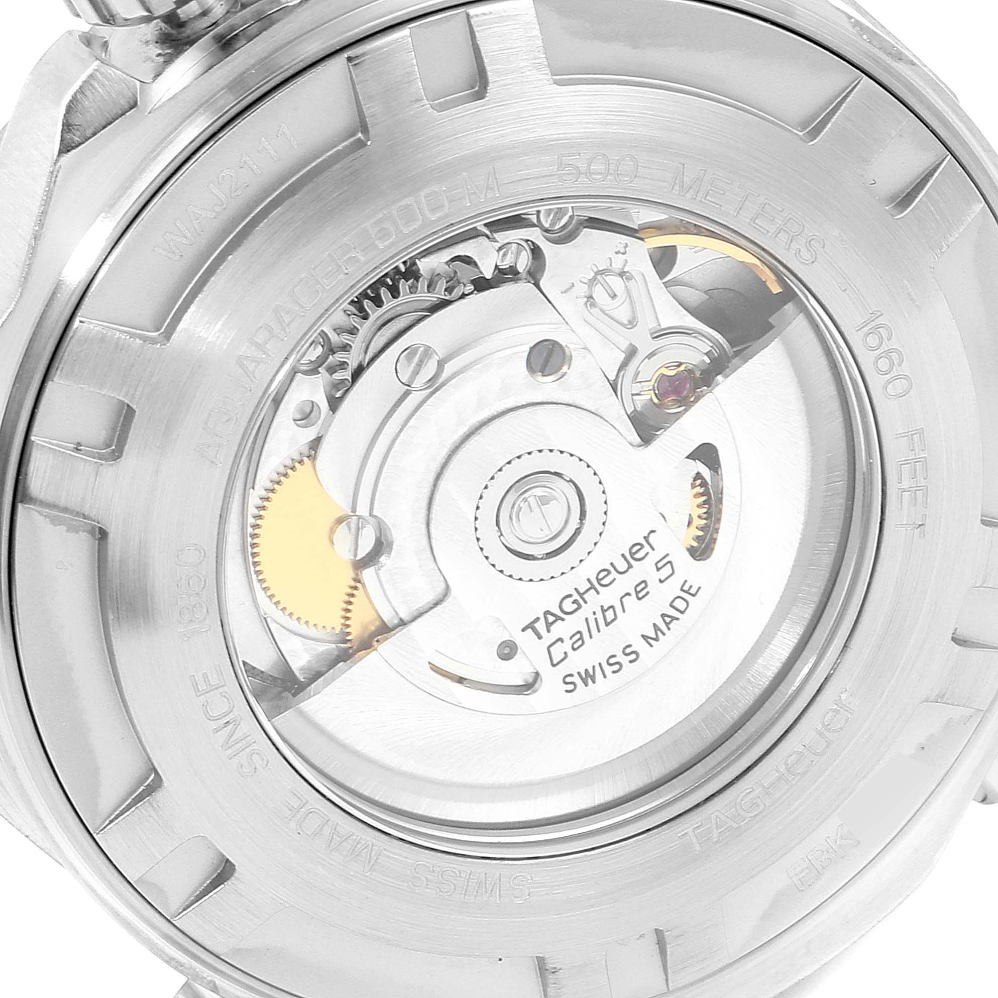The image shows the case back of a Tag Heuer Aquaracer WAJ2111.BA0870 Men
s Stainless Steel Grey Dial WAJ2111.BA0870 Men
s Stainless Steel Grey Dial watch, revealing the internal mechanism and details.