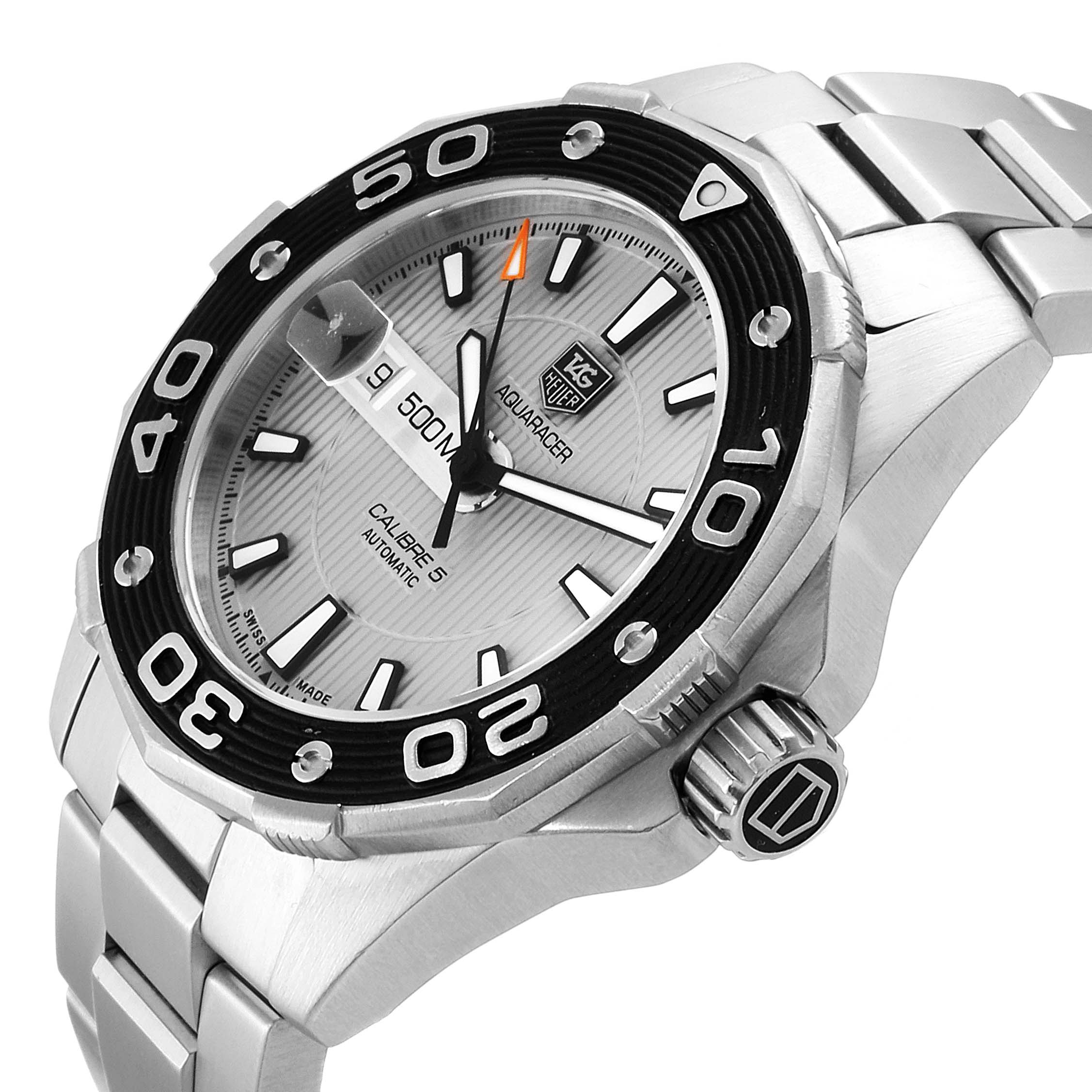 The Tag Heuer Aquaracer WAJ2111.BA0870 Men
s Stainless Steel Grey Dial WAJ2111.BA0870 Men
s Stainless Steel Grey Dial watch is shown at a slight angle, displaying its face, bezel, crown, and part of the bracelet.