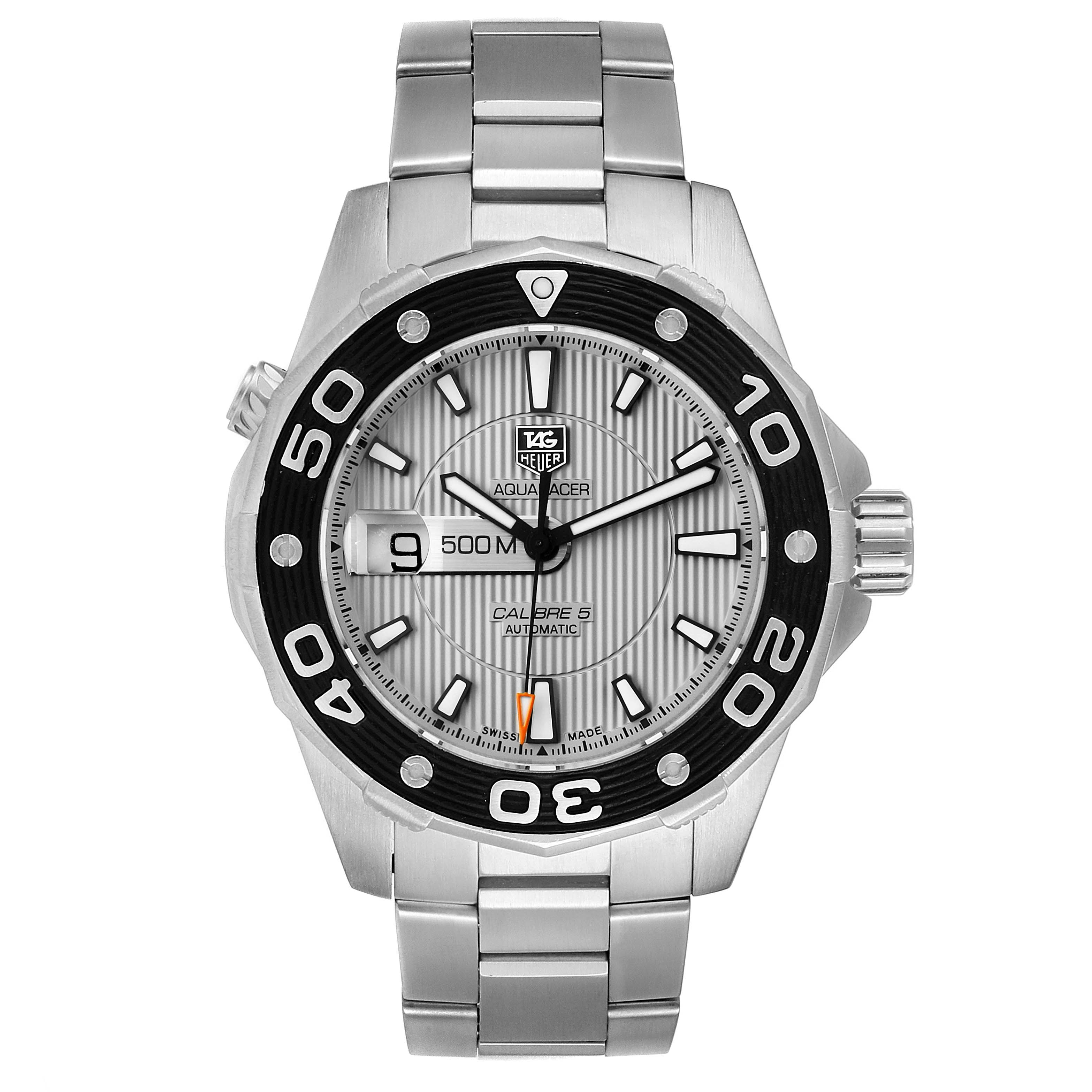 The Tag Heuer Aquaracer WAJ2111.BA0870 Men
s Stainless Steel Grey Dial WAJ2111.BA0870 Men
s Stainless Steel Grey Dial watch is shown from the front, displaying its bezel, dial, hands, hour markers, and part of the bracelet.