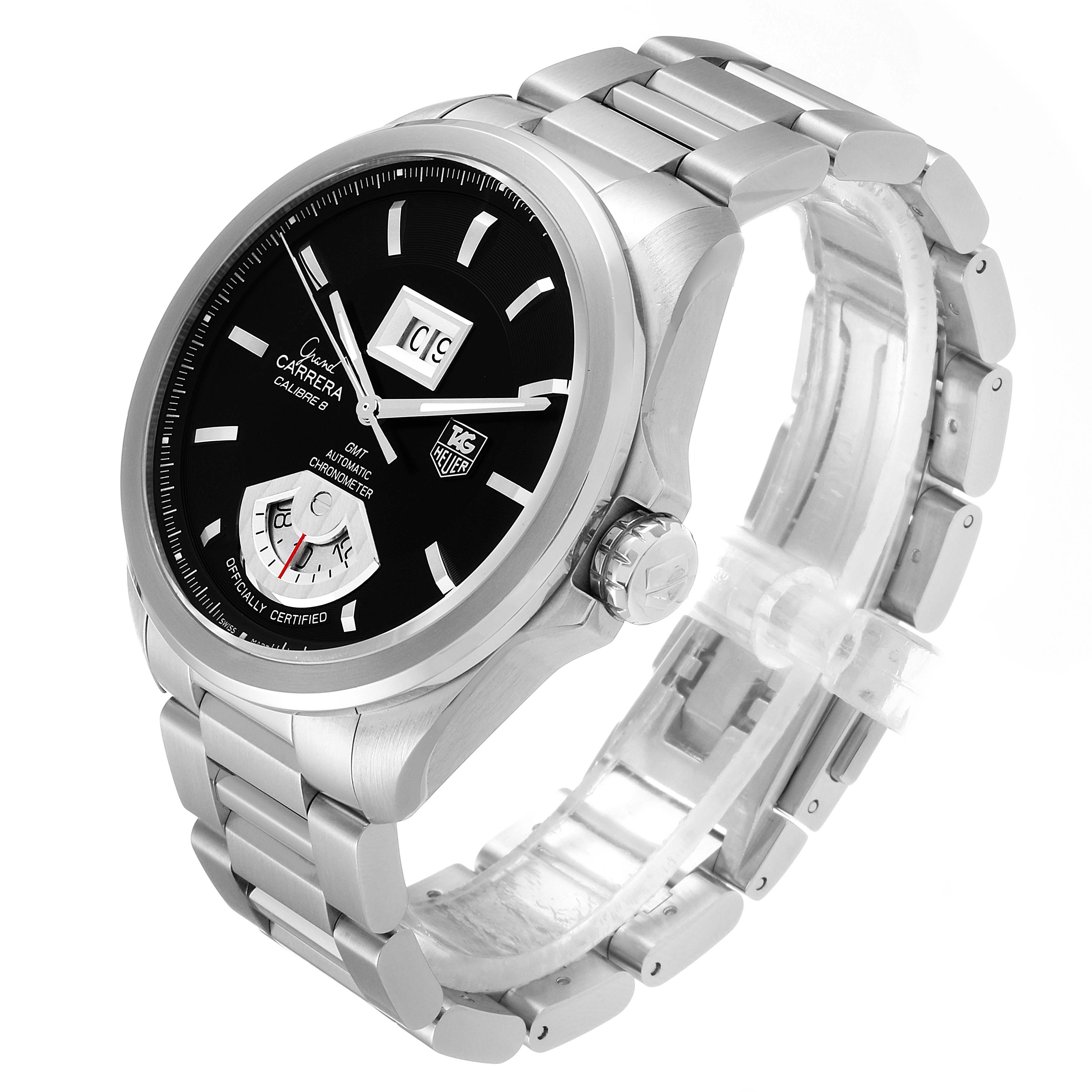 The image shows a Tag Heuer Carrera WAV5111.BA0901 Men
s Stainless Steel Black Dial WAV5111.BA0901 Men
s Stainless Steel Black Dial watch angled slightly from the right, highlighting the dial, case, crown, and bracelet.