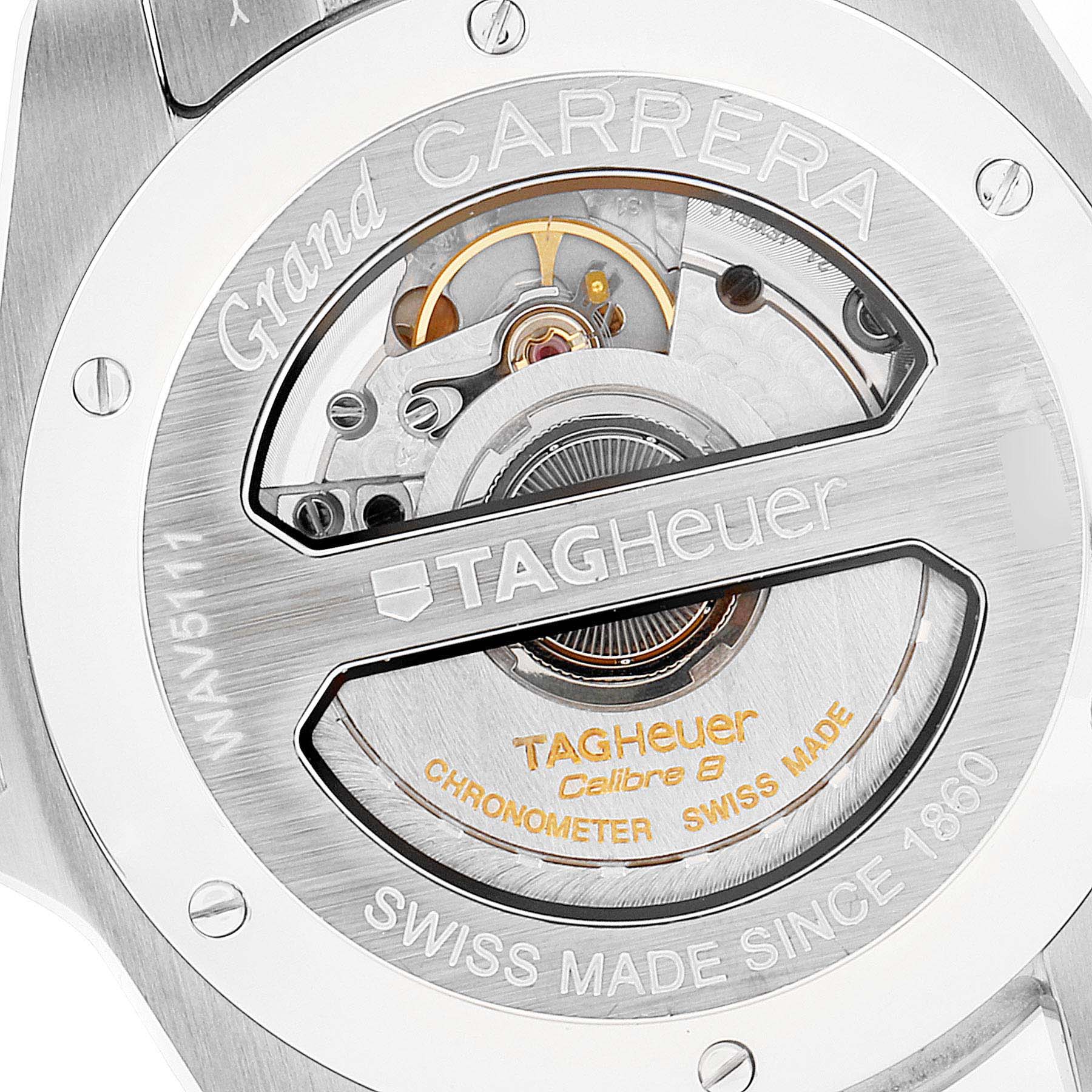 The image shows the case back of a Tag Heuer Carrera WAV5111.BA0901 Men
s Stainless Steel Black Dial WAV5111.BA0901 Men
s Stainless Steel Black Dial watch, revealing its internal movement and inscriptions.