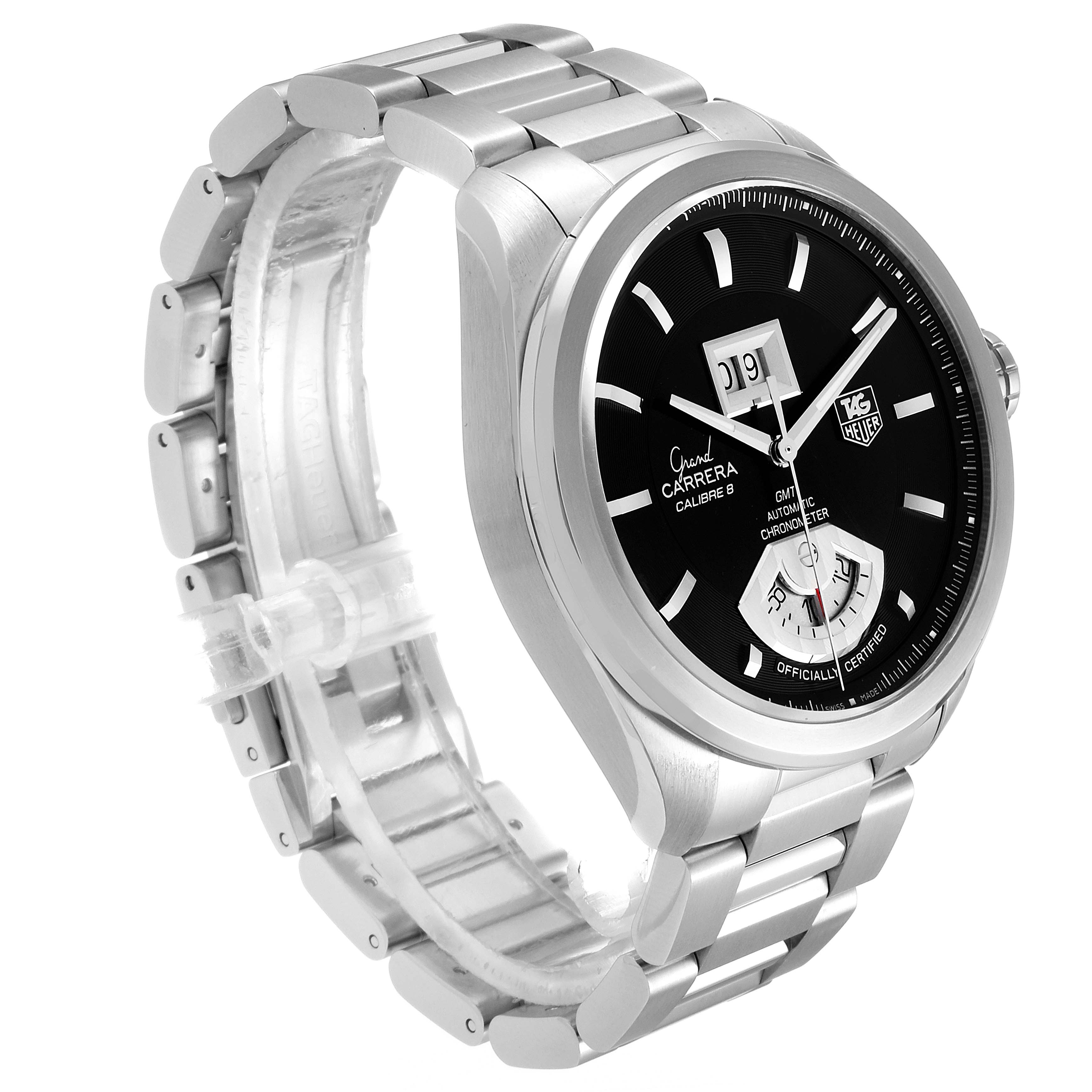 The Tag Heuer Carrera WAV5111.BA0901 Men
s Stainless Steel Black Dial WAV5111.BA0901 Men
s Stainless Steel Black Dial watch is shown from an angled side view, highlighting its face, bezel, and metal bracelet.