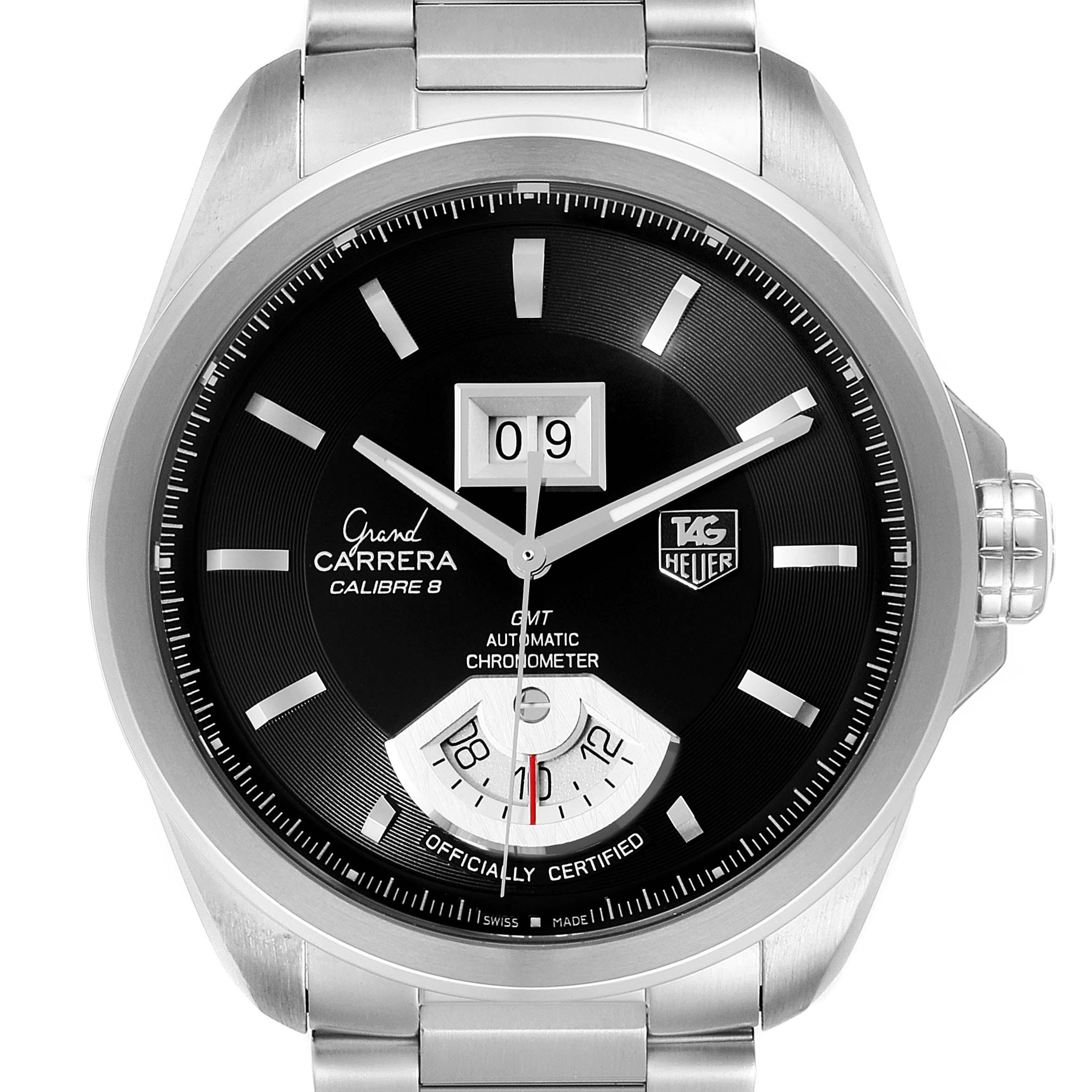 The image shows a front-facing view of the Tag Heuer Carrera WAV5111.BA0901 Men
s Stainless Steel Black Dial WAV5111.BA0901 Men
s Stainless Steel Black Dial model watch, displaying its dial and detailing.