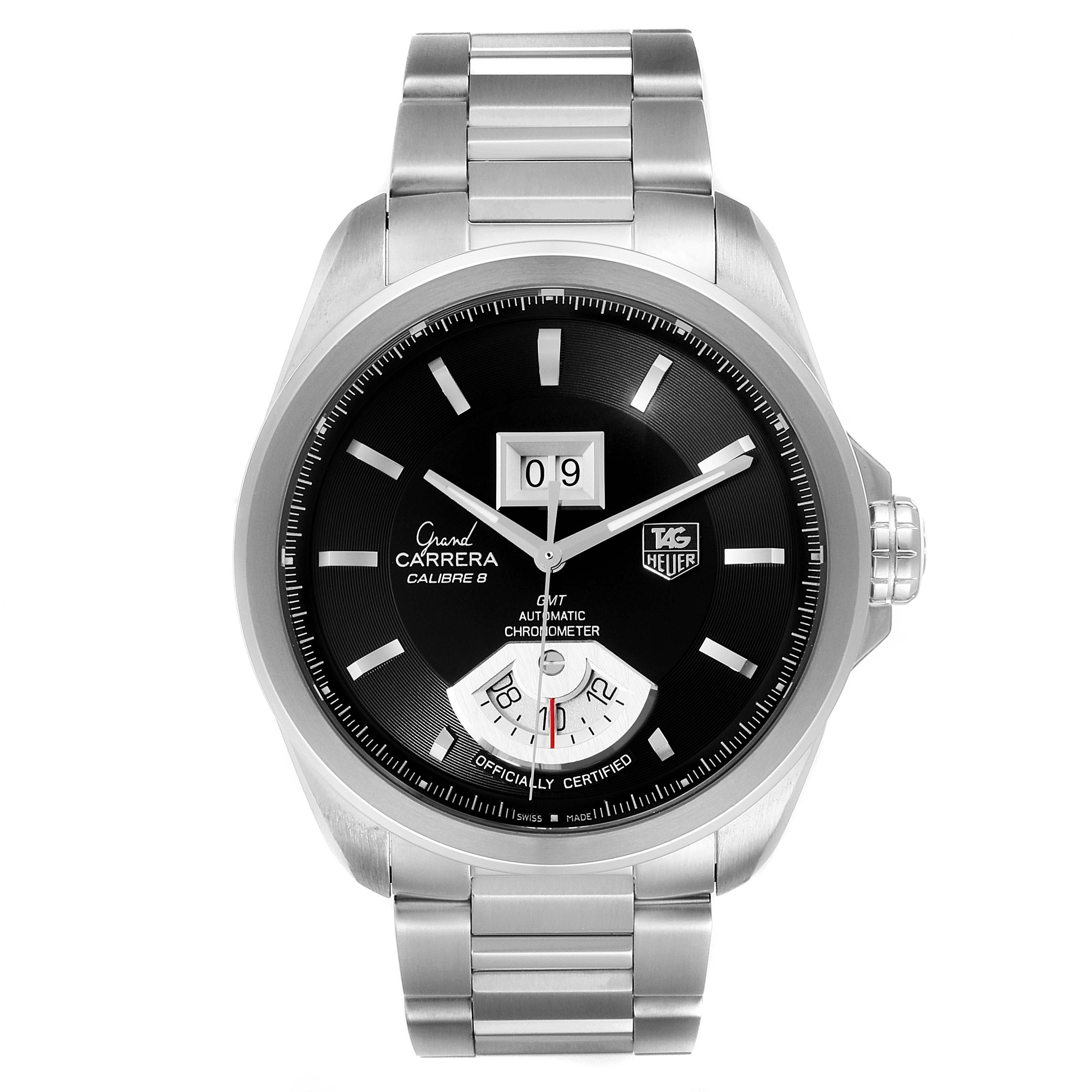 The image shows a front view of a Tag Heuer Carrera WAV5111.BA0901 Men
s Stainless Steel Black Dial WAV5111.BA0901 Men
s Stainless Steel Black Dial Calibre 8 watch with a black dial and a metal bracelet.