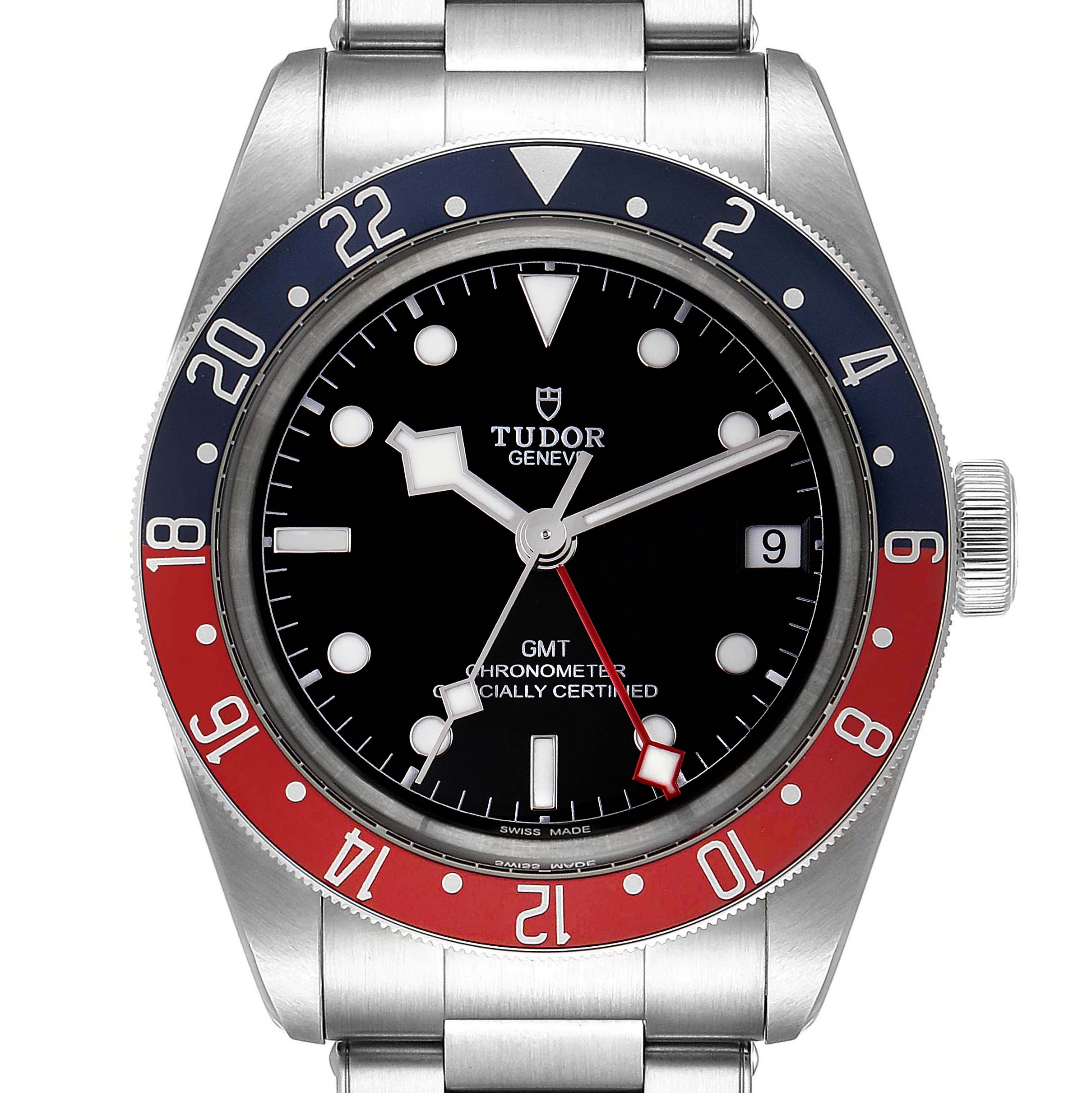 The image shows a front view of the Tudor Heritage Black Bay 79830RB Men's Stainless Steel Black Dial 79830RB Men's Stainless Steel Black Dial GMT watch, highlighting the dial, bezel, and part of the bracelet.