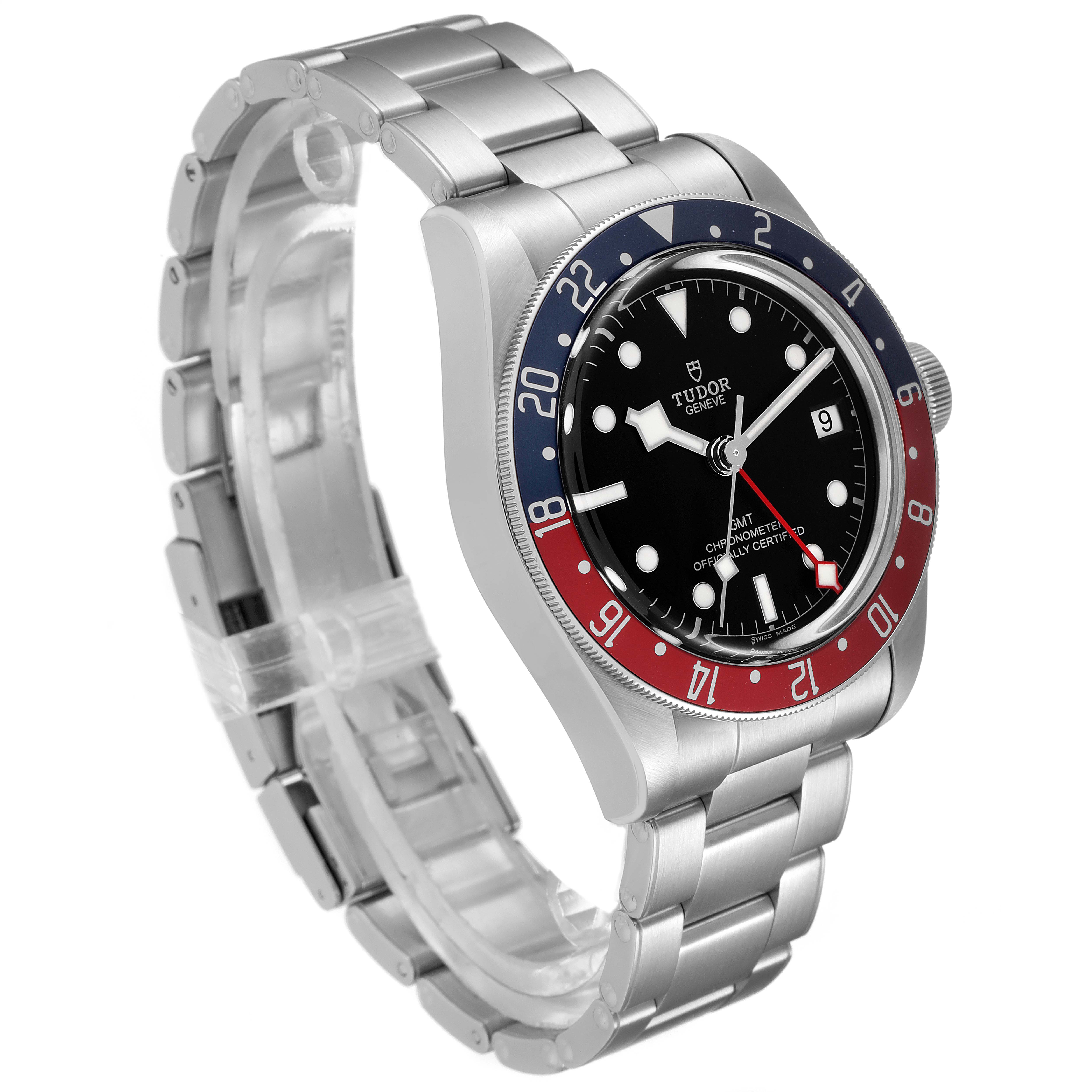 The Tudor Heritage Black Bay 79830RB Men's Stainless Steel Black Dial 79830RB Men's Stainless Steel Black Dial watch is shown from a front-left angle, displaying the bezel, dial, case, crown, and bracelet.