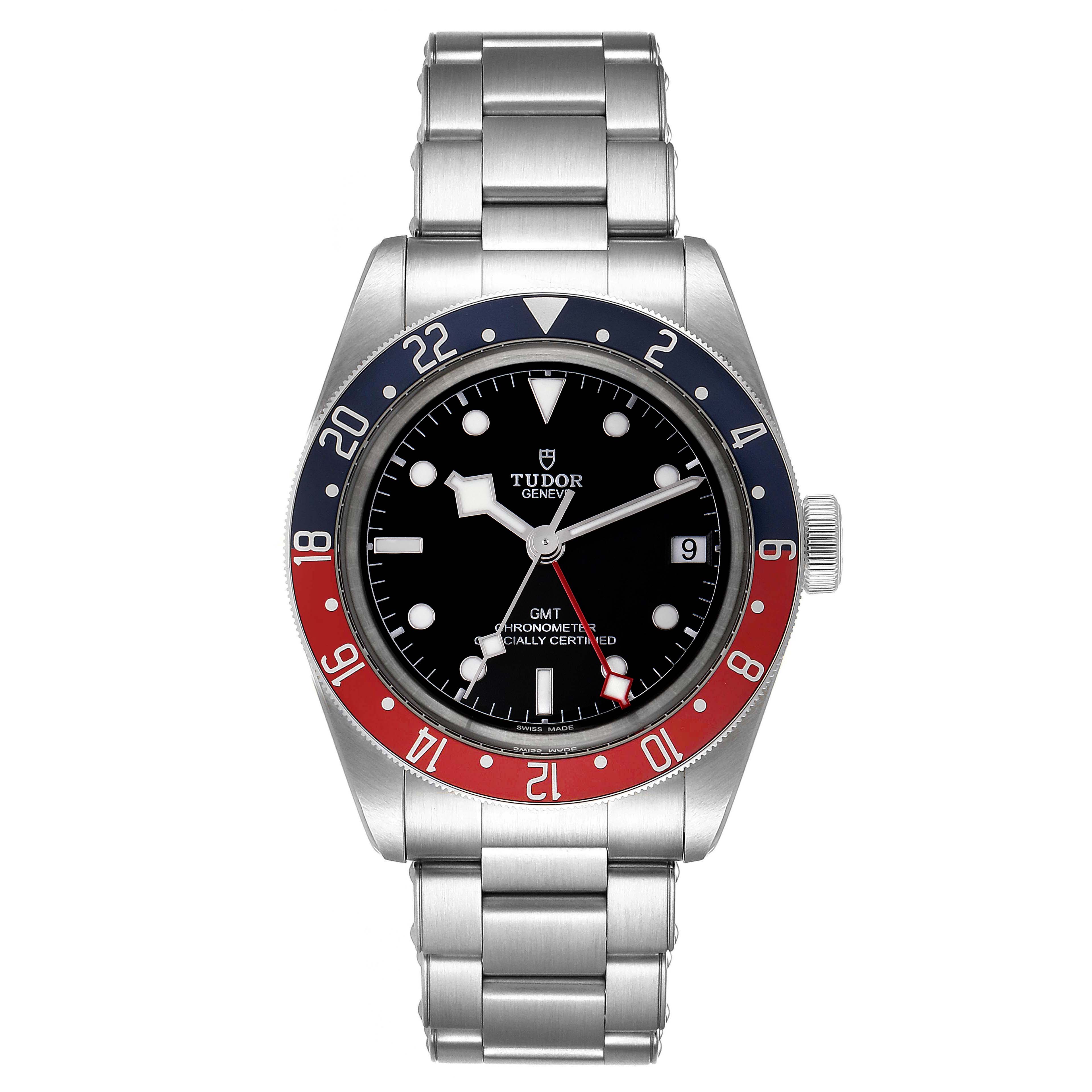 The image shows a front view of the Tudor Heritage Black Bay 79830RB Men's Stainless Steel Black Dial 79830RB Men's Stainless Steel Black Dial watch, featuring its dial, bezel, crown, and metal bracelet.