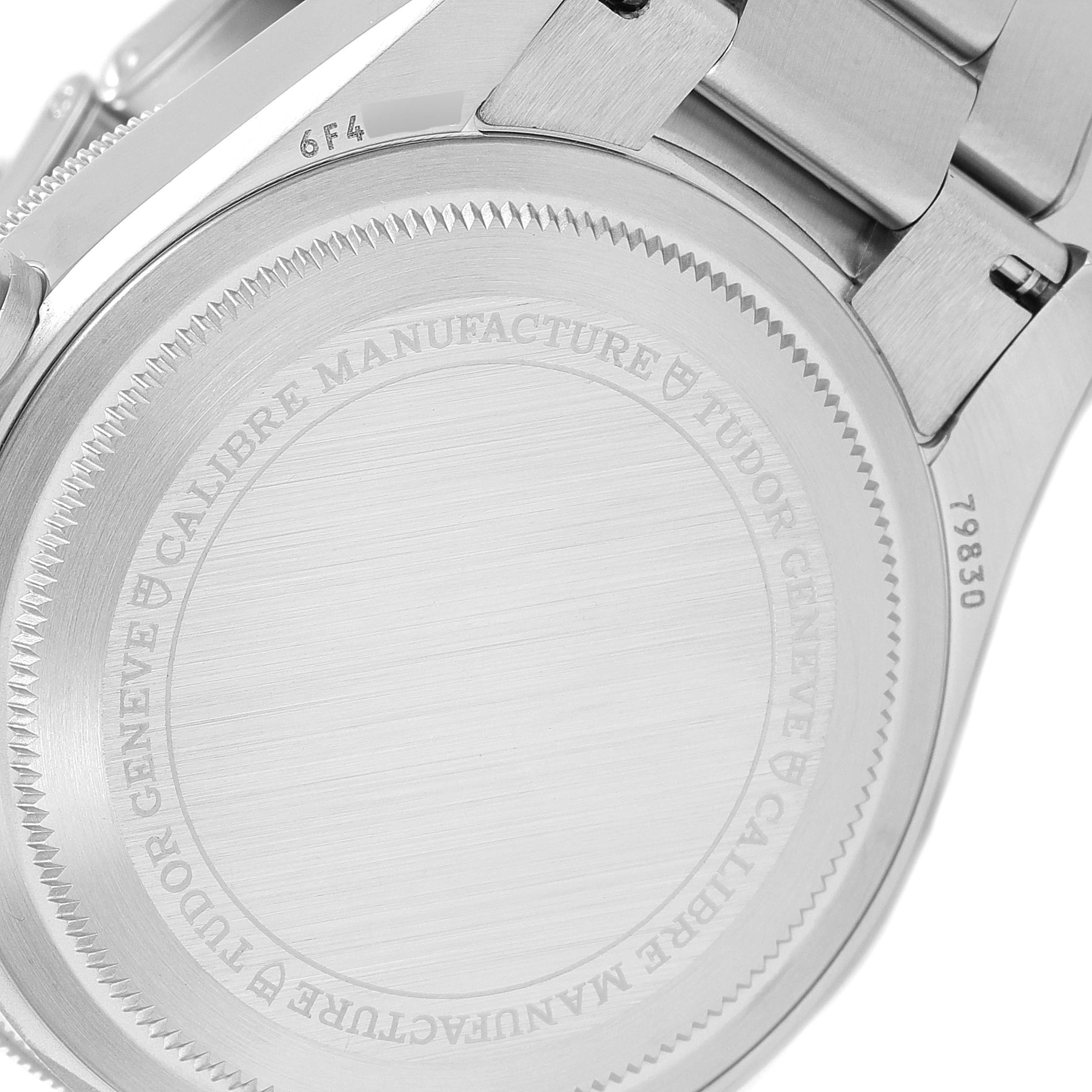 This image shows the case back and part of the bracelet of the Tudor Heritage Black Bay 79830RB Men's Stainless Steel Black Dial 79830RB Men's Stainless Steel Black Dial watch from a rear angle.