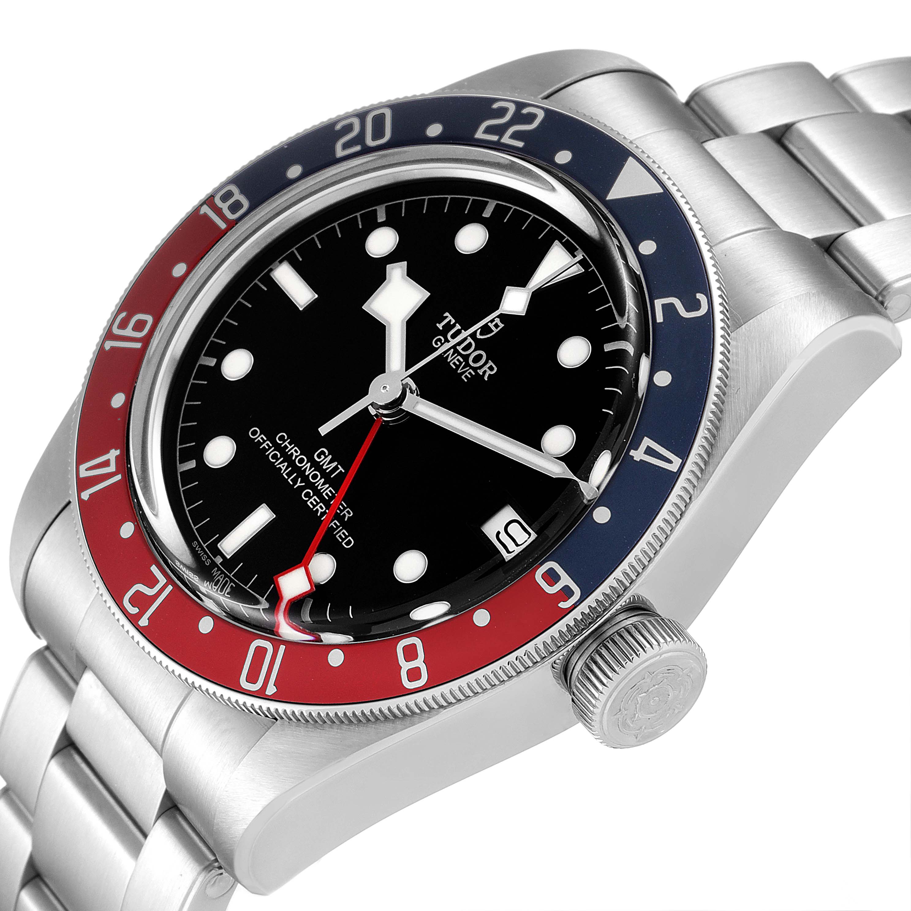 The Tudor Heritage Black Bay 79830RB Men's Stainless Steel Black Dial 79830RB Men's Stainless Steel Black Dial watch is shown at a close-up angle, highlighting its bezel, dial, and stainless steel bracelet.
