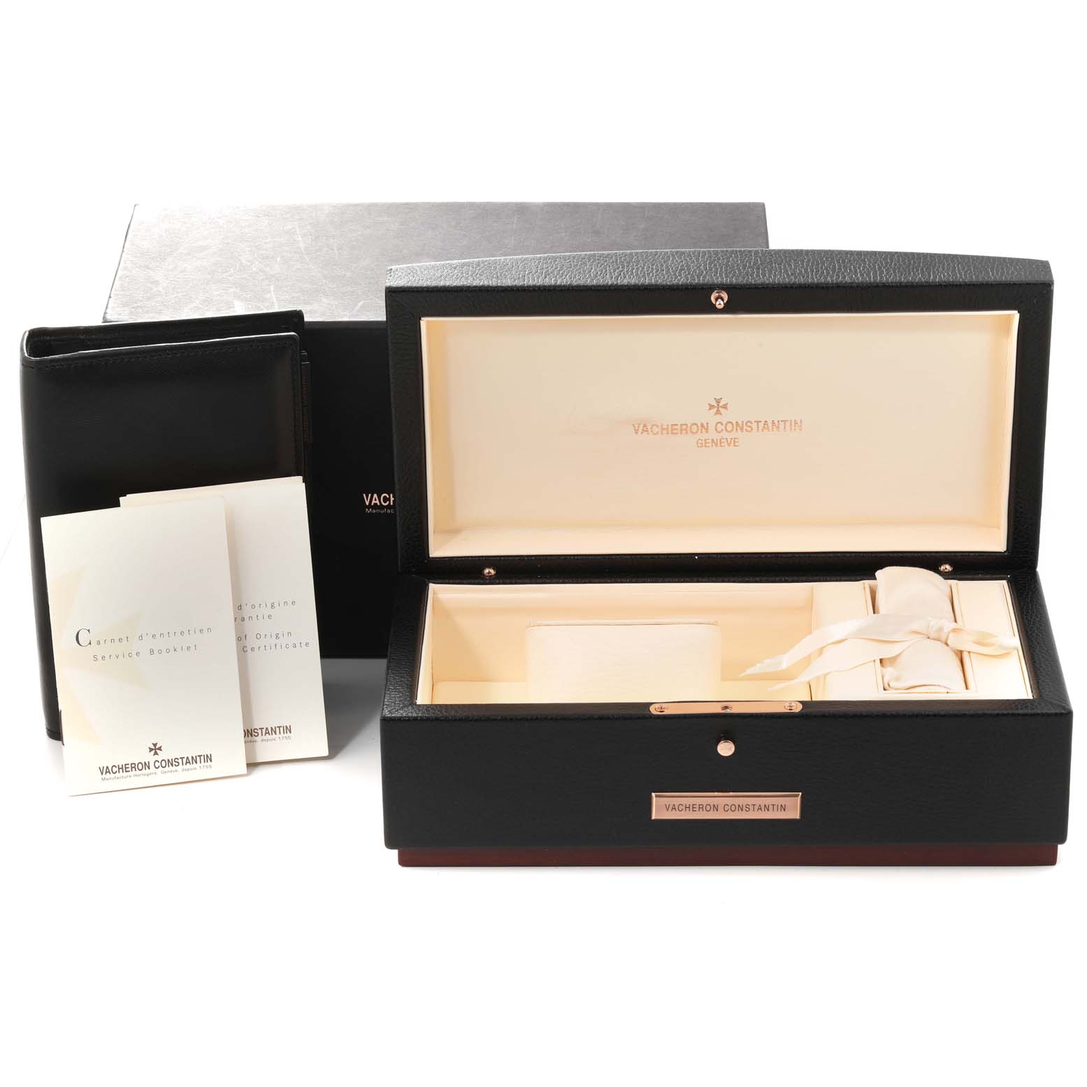 The image shows the opened packaging, accessories, and documentation for the Vacheron Constantin Overseas 47040 Men's Stainless Steel Silver Dial 47040 Men's Stainless Steel Silver Dial model watch.