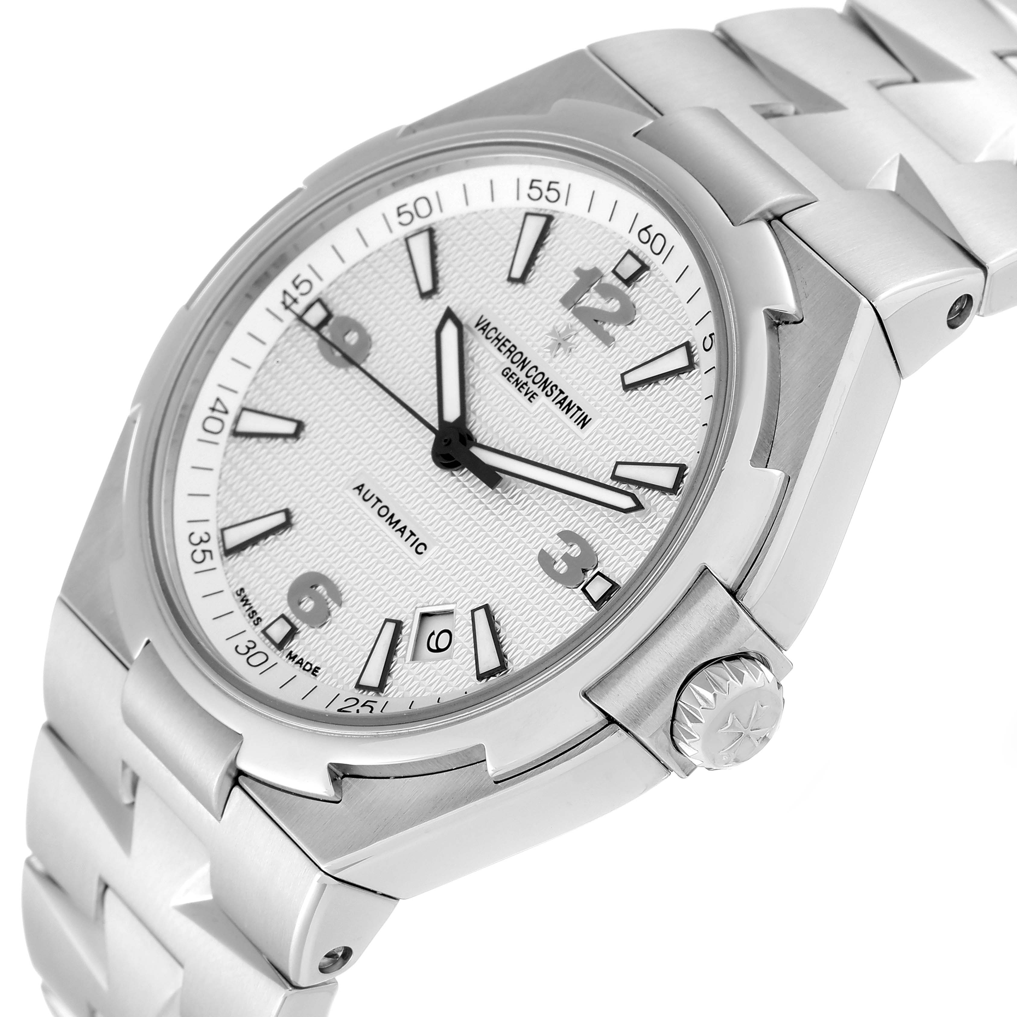 The image shows a Vacheron Constantin Overseas 47040 Men's Stainless Steel Silver Dial 47040 Men's Stainless Steel Silver Dial watch at an angled top-down view, highlighting the dial, bezel, crown, and part of the bracelet.