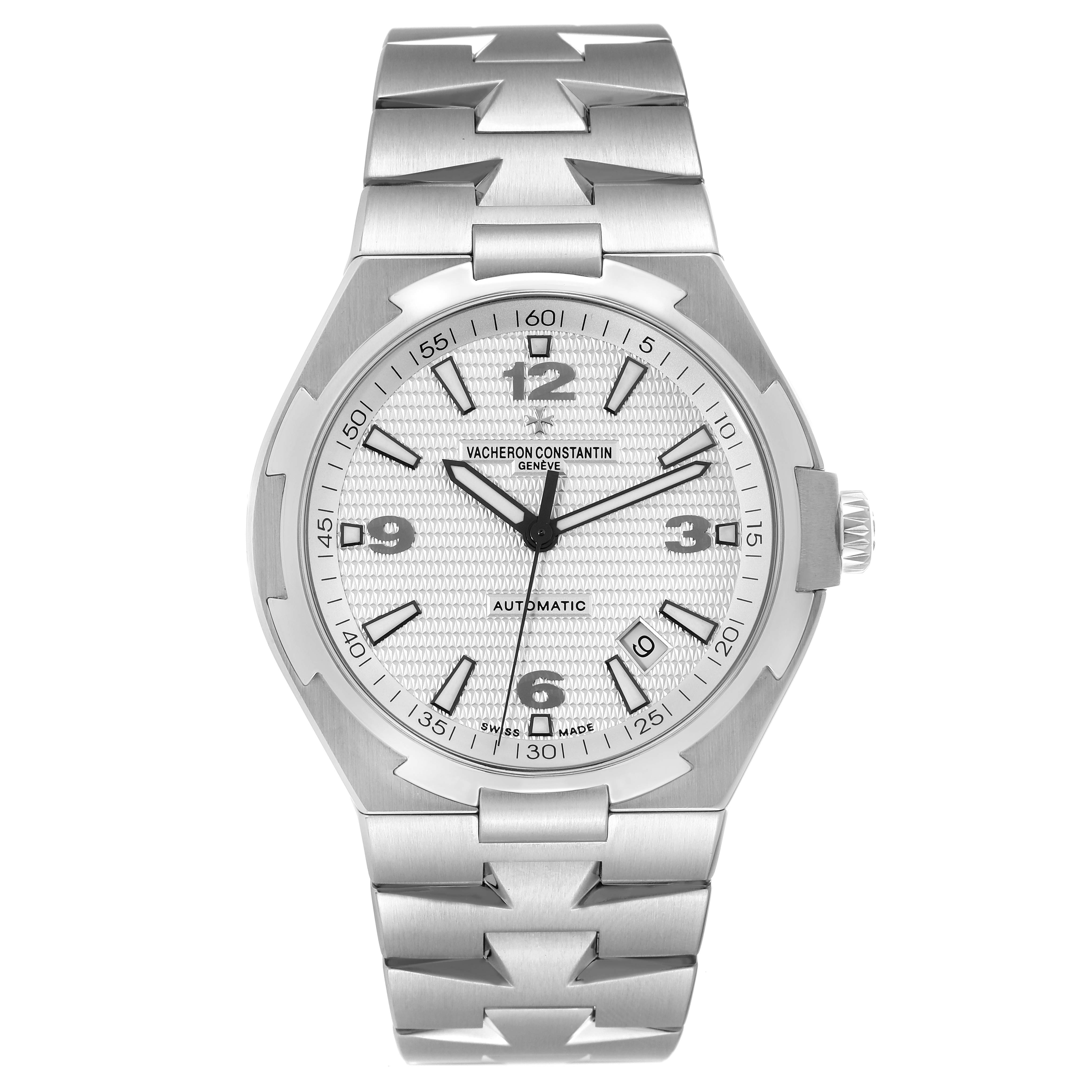 The image shows a frontal view of the Vacheron Constantin Overseas 47040 Men's Stainless Steel Silver Dial 47040 Men's Stainless Steel Silver Dial model, highlighting its dial, case, and bracelet.