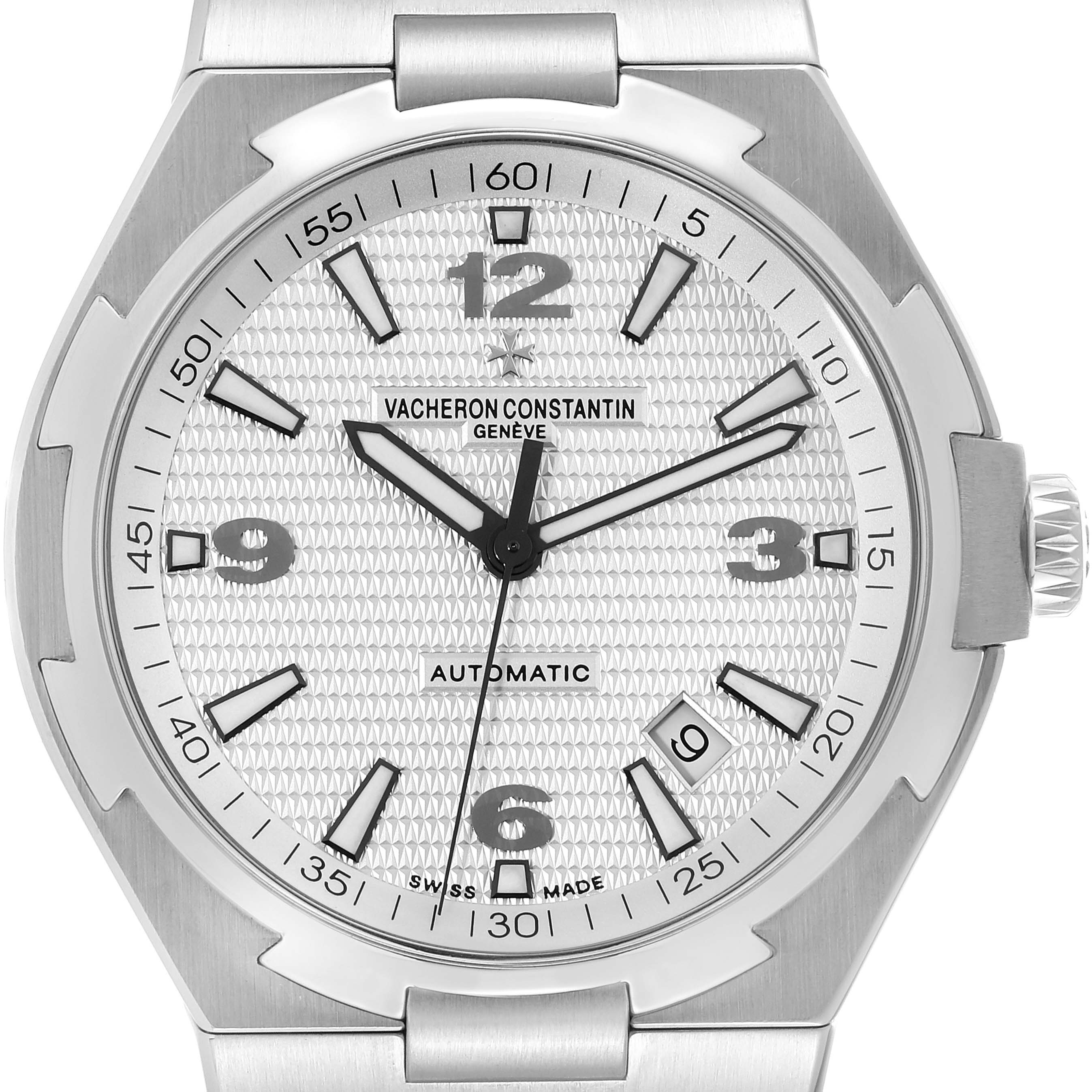 This Vacheron Constantin Overseas 47040 Men's Stainless Steel Silver Dial 47040 Men's Stainless Steel Silver Dial model watch is shown from a straight-on angle, displaying the entire face and a portion of the bracelet.