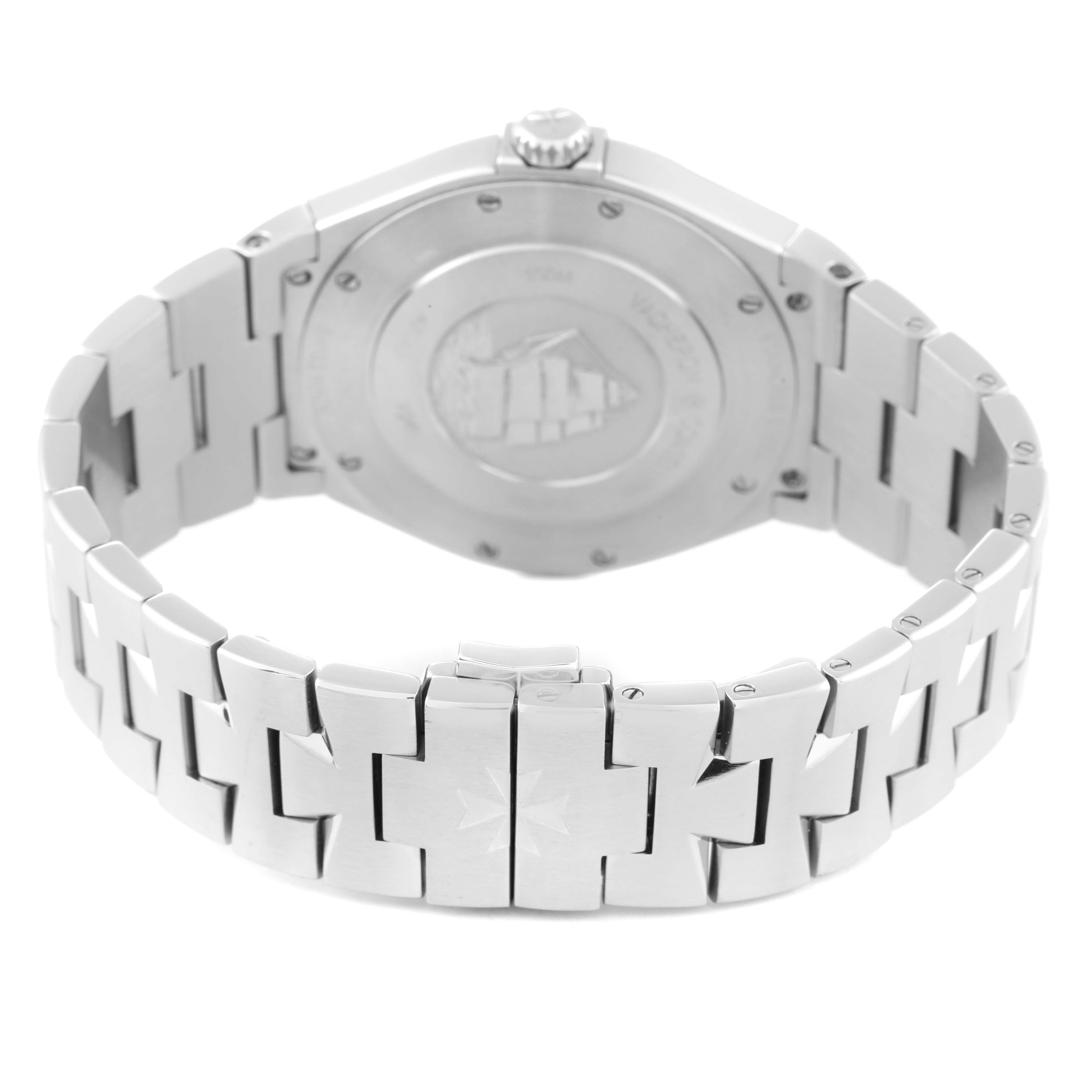 The image shows the back and strap of the Vacheron Constantin Overseas 47040 Men's Stainless Steel Silver Dial 47040 Men's Stainless Steel Silver Dial watch from a rear angle.
