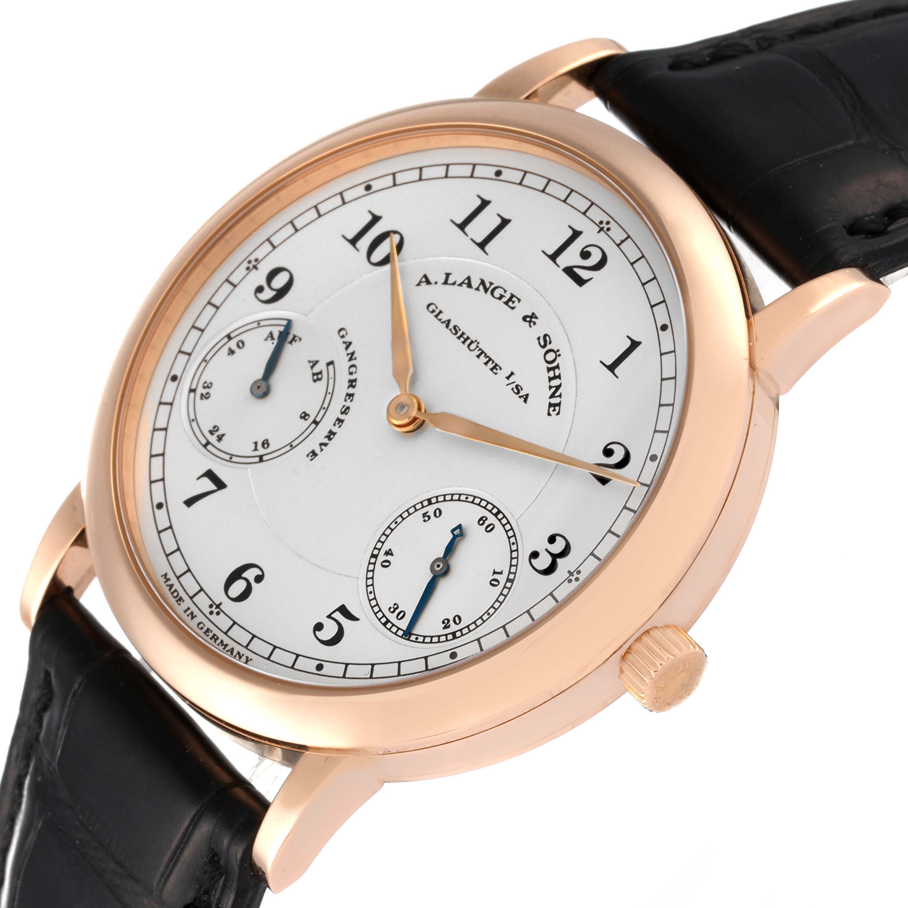 The image shows a close-up of the dial and crown of an A. Lange & Sohne 1815 221.032 Men's Rose Gold Silver Dial model watch.