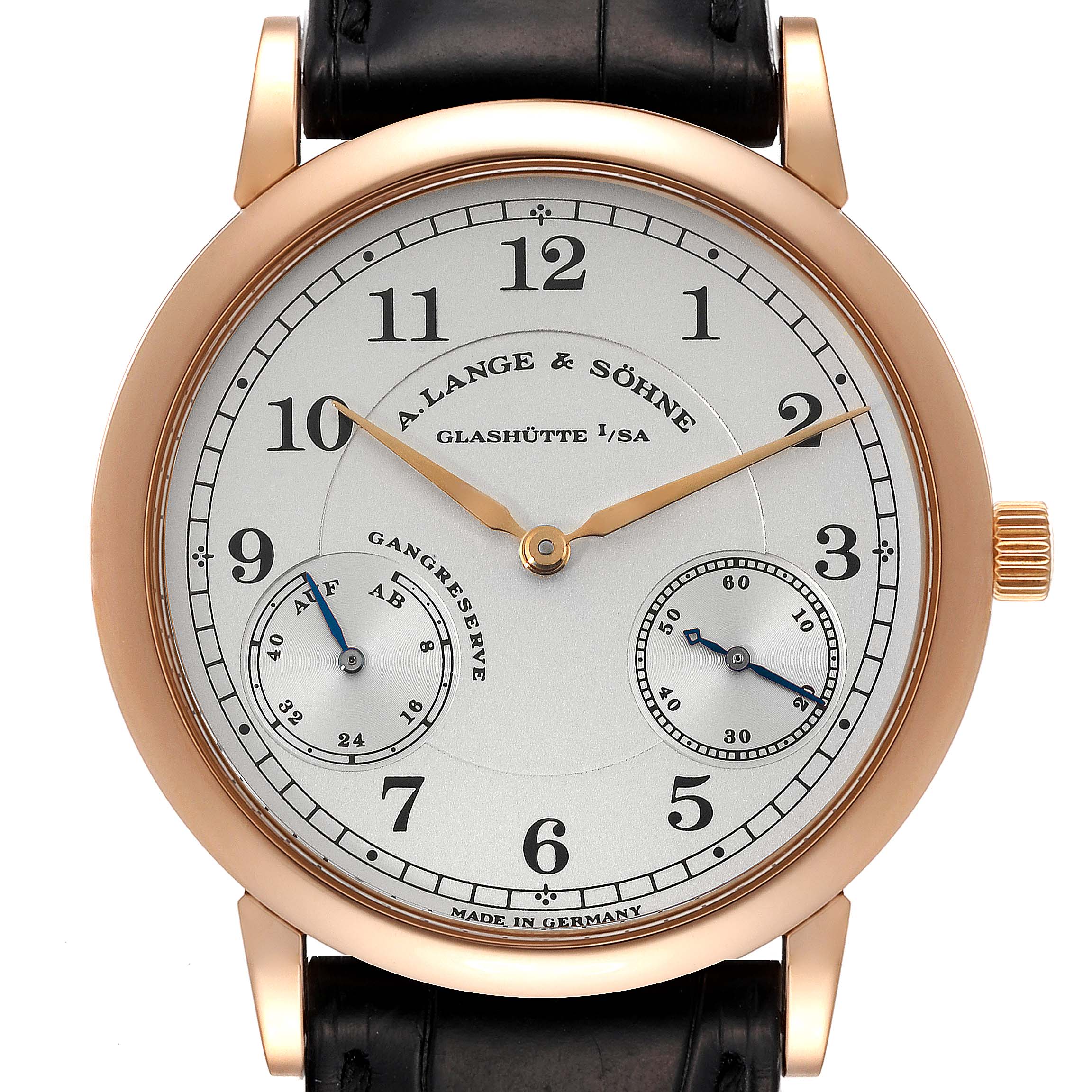 The image shows a front view of the A. Lange & Sohne 1815 221.032 Men's Rose Gold Silver Dial model watch, featuring the dial, hour markers, and subdials.