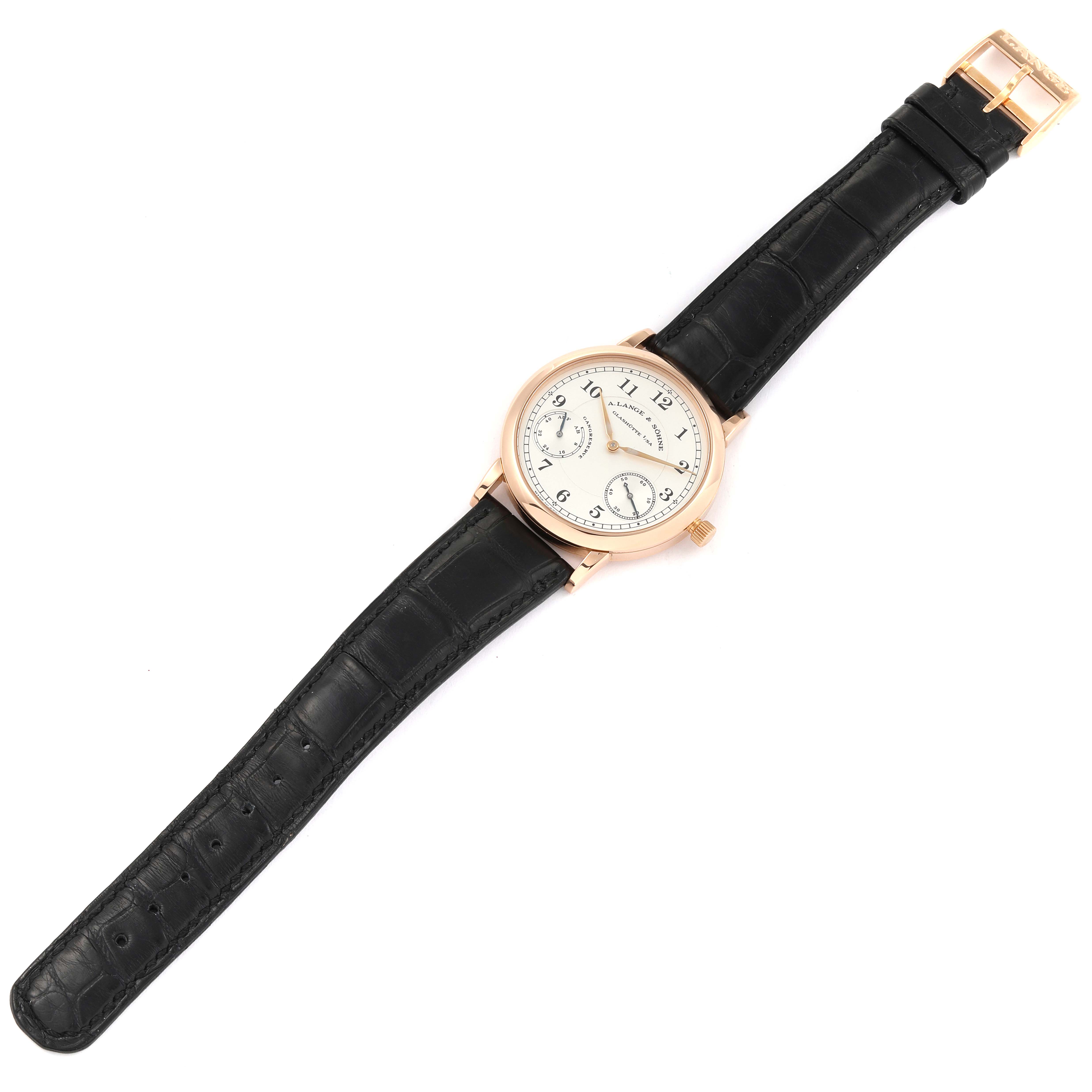 The image shows a top-down view of an A. Lange & Sohne 1815 221.032 Men's Rose Gold Silver Dial model watch, displaying its face, case, and black leather strap.