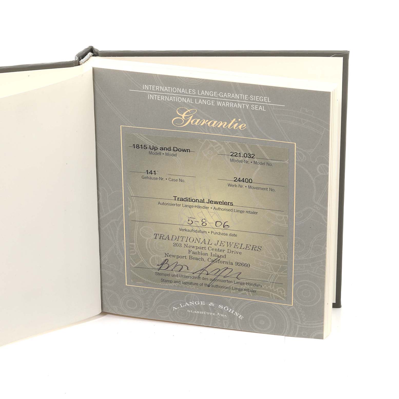 The image shows the warranty and guarantee certificate for the 1815 model by A. Lange & Söhne inside a booklet.