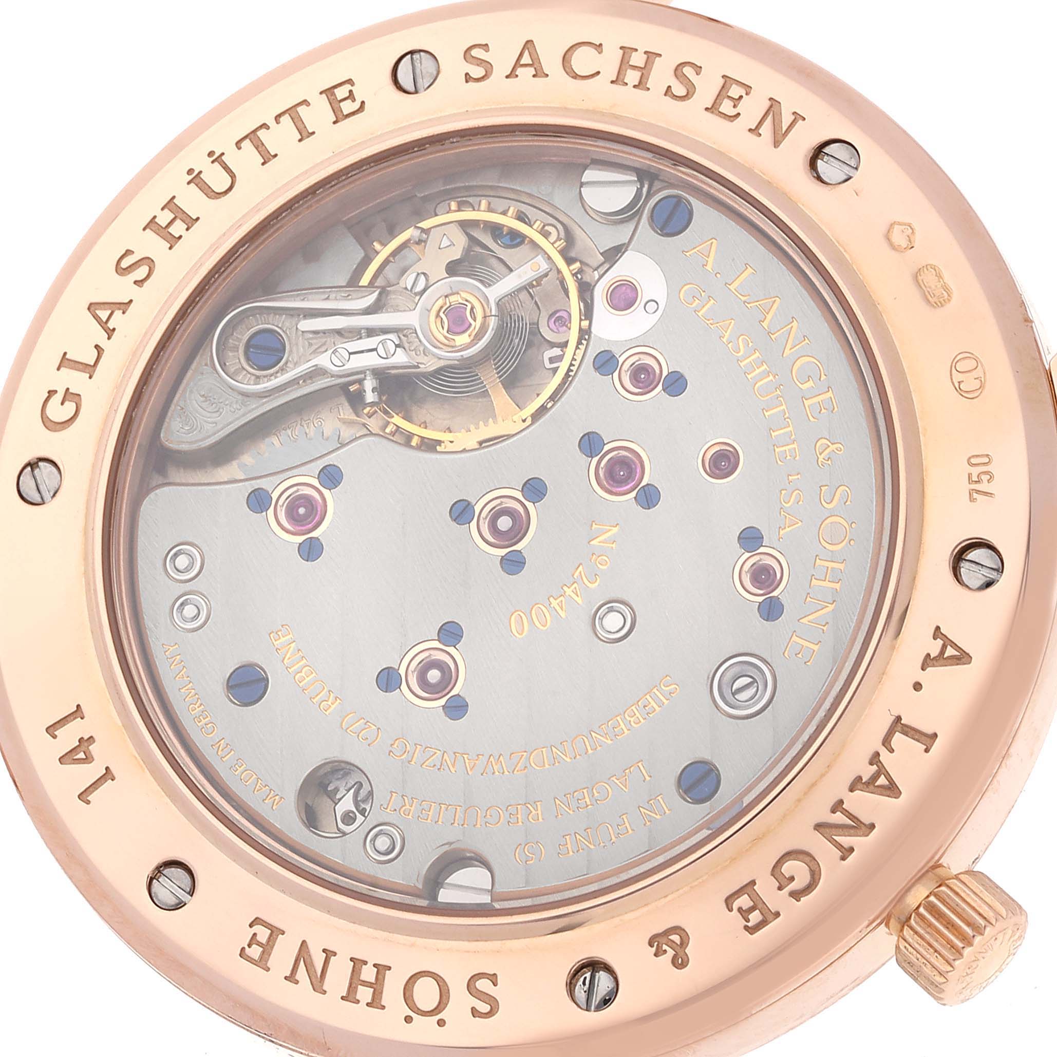 This image shows the back view of the A. Lange & Sohne 1815 221.032 Men's Rose Gold Silver Dial model, revealing its intricate mechanical movement.