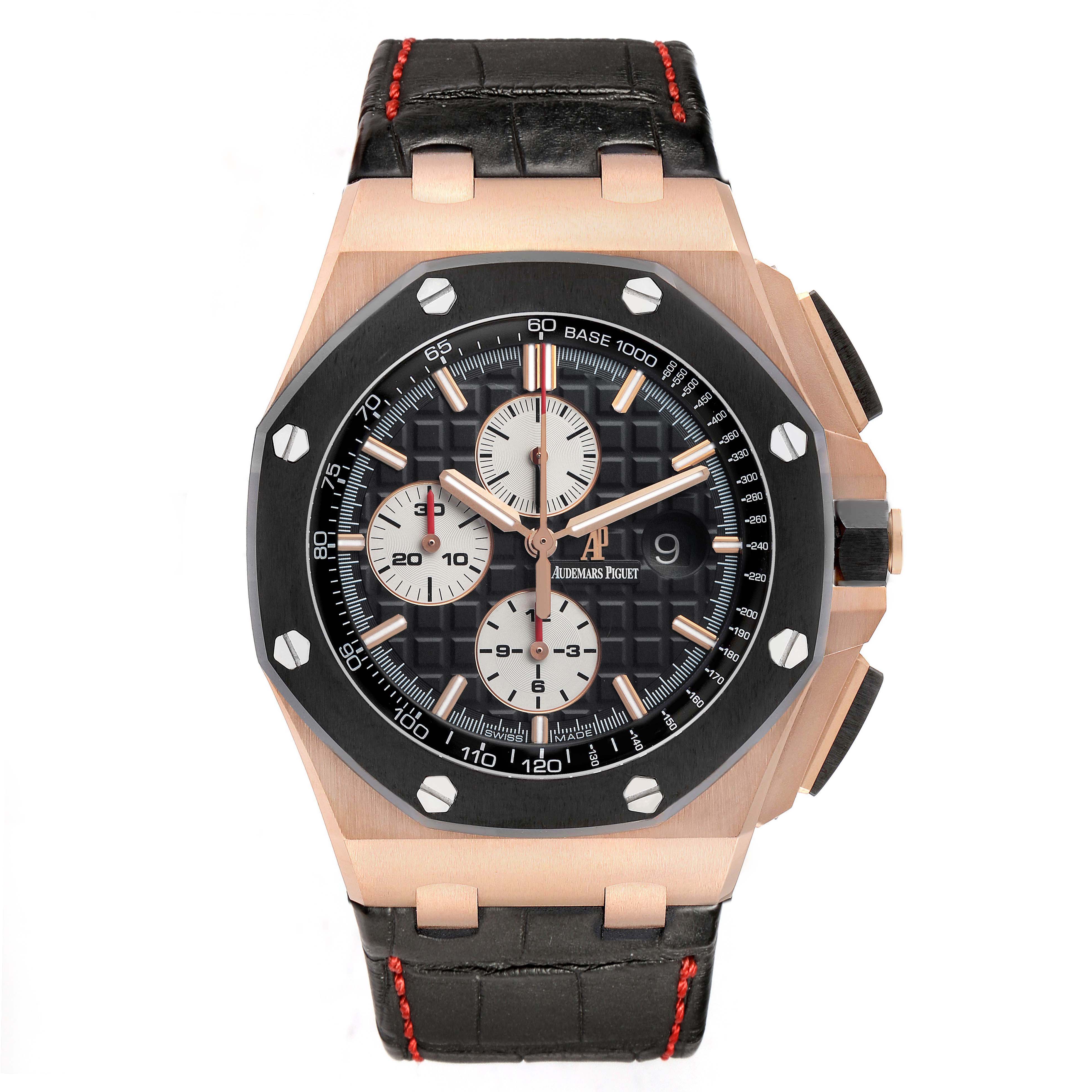 The Audemars Piguet Royal Oak Offshore 26401RO Men's Rose Gold Black Dial watch is shown from the front, displaying its dial, bezel, and strap.
