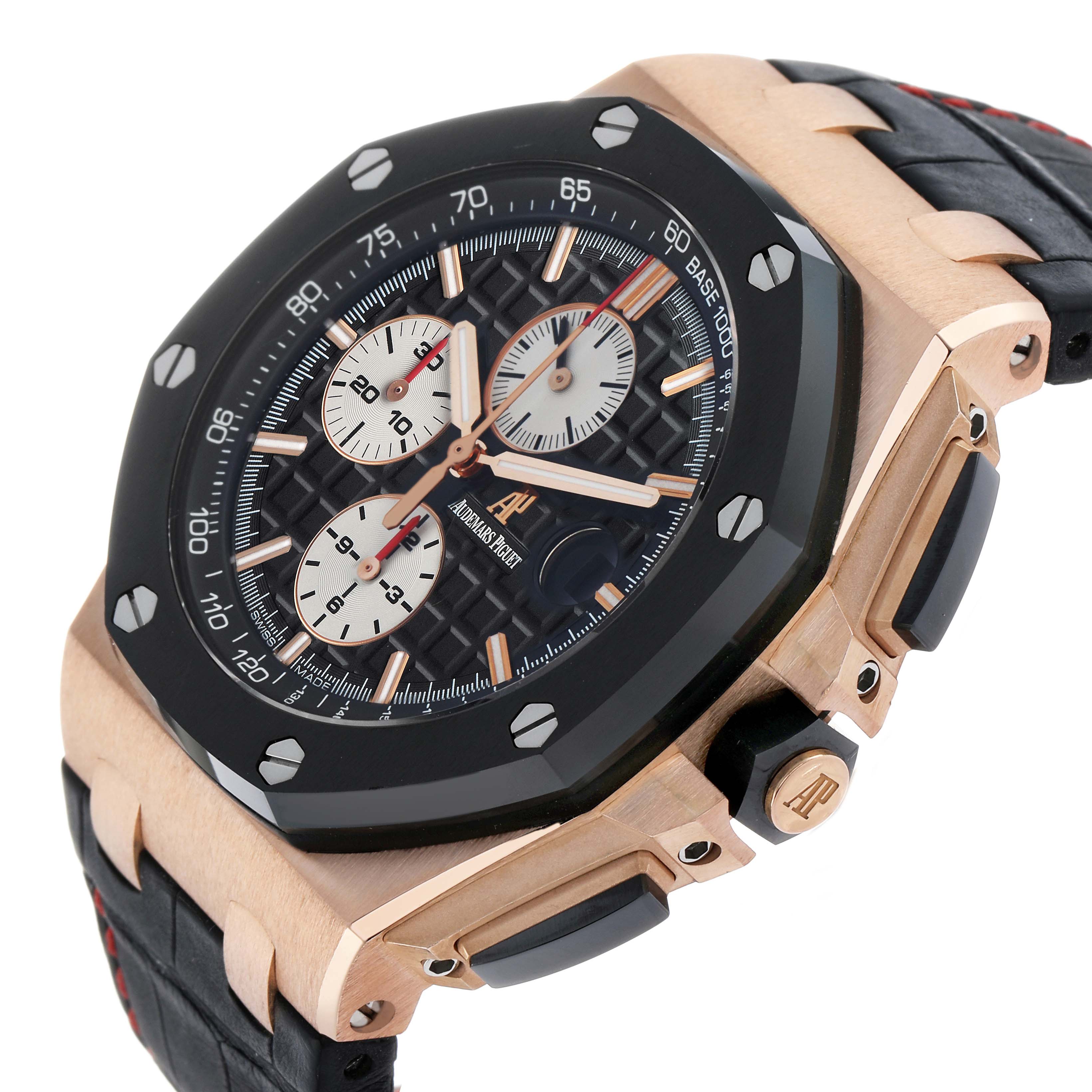 This image shows the Audemars Piguet Royal Oak Offshore 26401RO Men's Rose Gold Black Dial watch from an angled side view, highlighting the case, bezel, and strap.